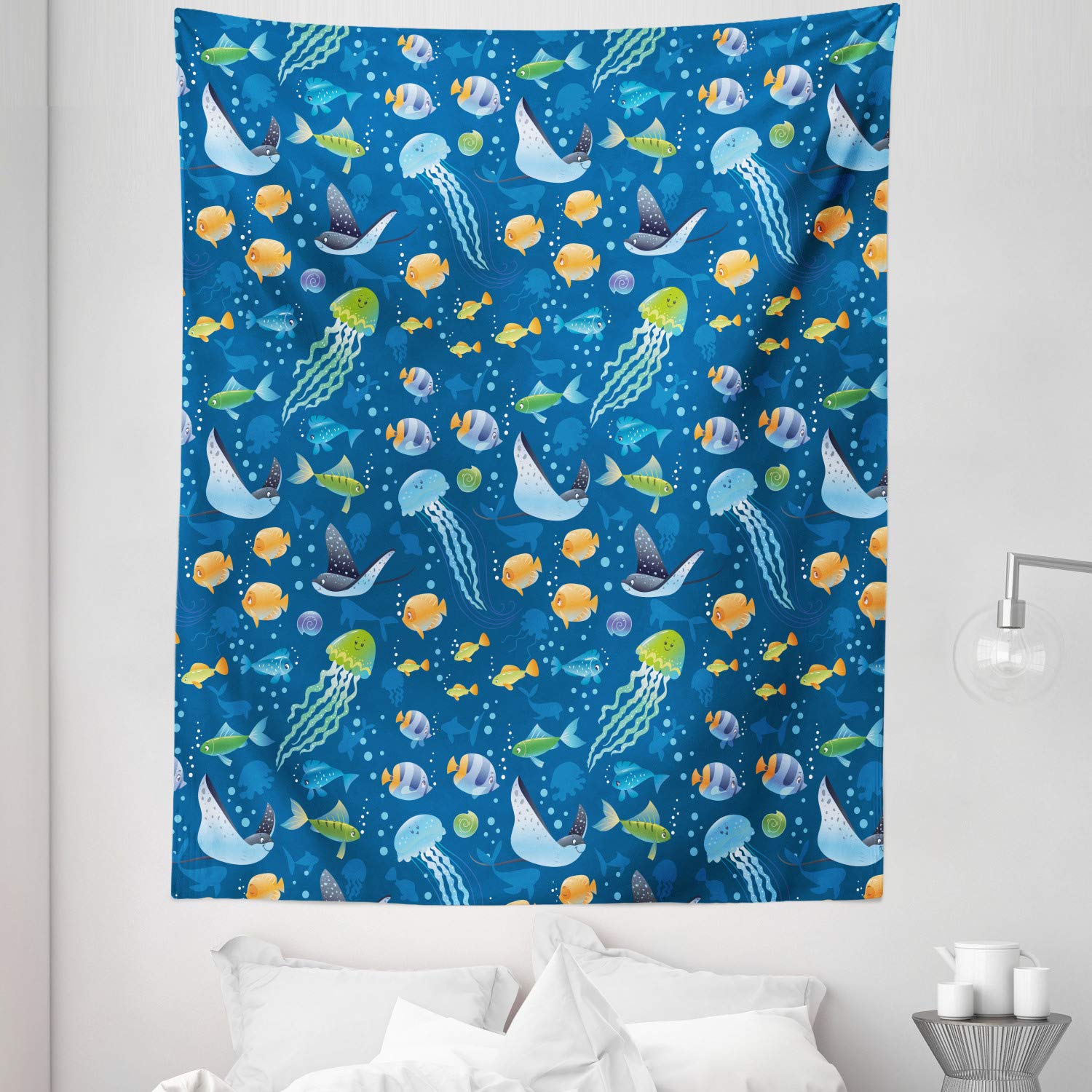 Ambesonne Under the Sea Tapestry - Twin Size Ocean Theme Wall Hanging with Fish, Turtles & Marine Life in Dark Sky Blue Multicolor - Perfect for Bedroom Decor, Dorm Room, or Beach House (68