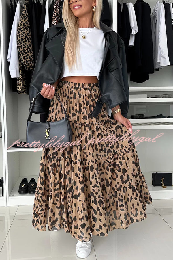 Stylish Leopard Print Maxi Skirt with Elastic Waist - Comfortable A-Line Layered Design for Women | Perfect for Casual Outings, Beach Vacations & Boho Fashion