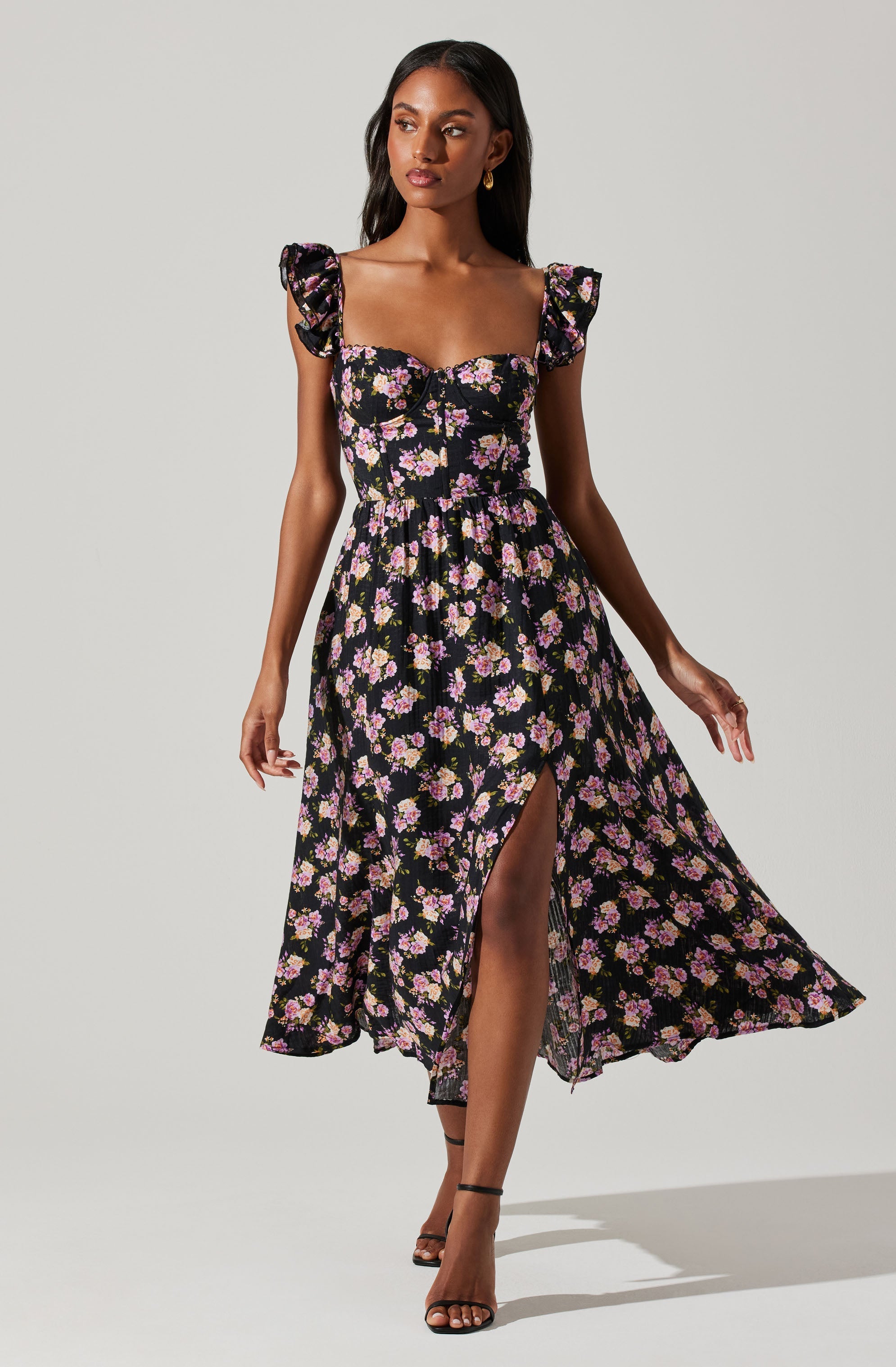 Wedelia Floral Bustier Midi Dress for Women - Summer Flowy Boho Dress with Ruffles & Lace Trim - Perfect for Beach Weddings, Date Nights & Vacation Outfits