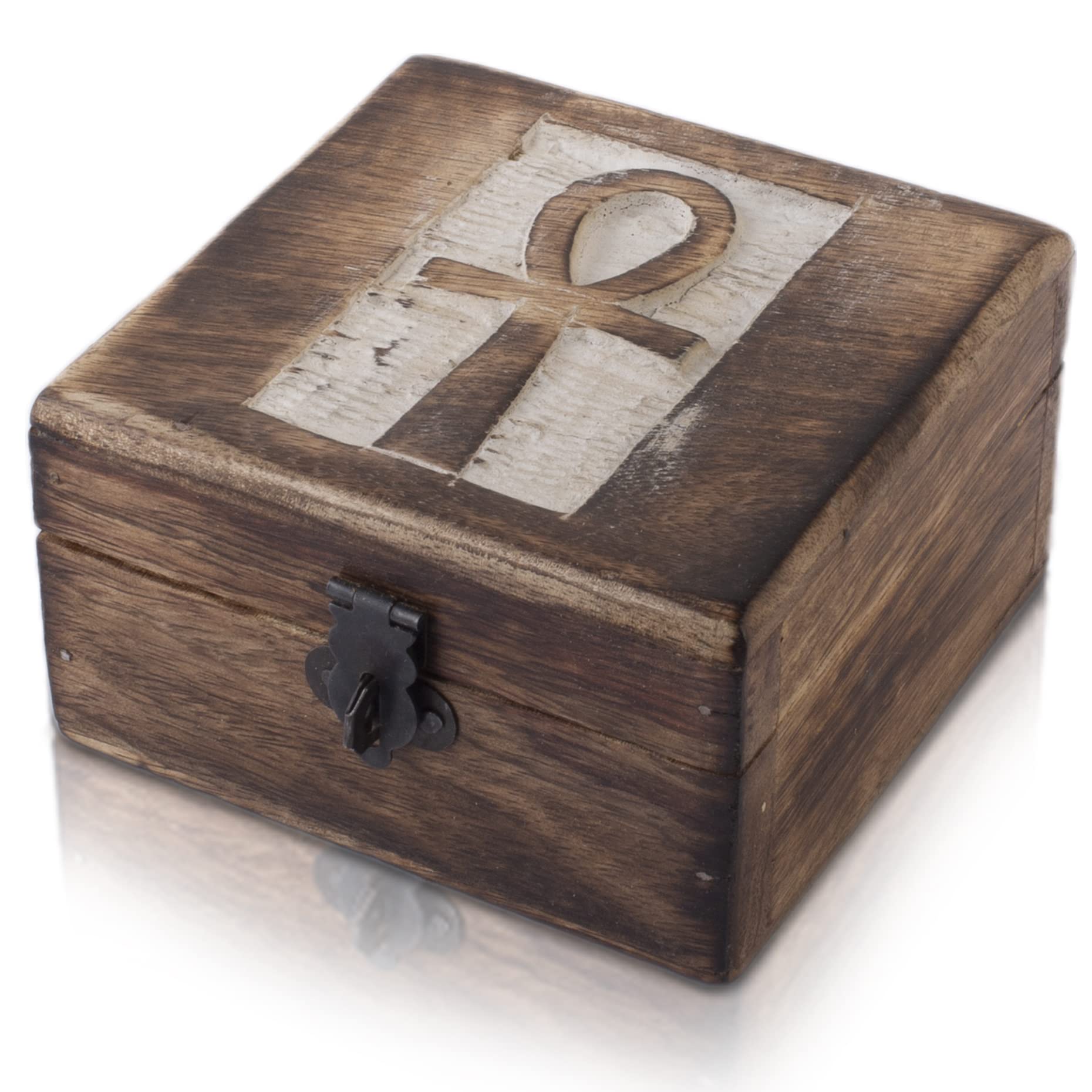 Handmade Wooden Jewelry Box with Ankh Carving - 4x4 Inch Decorative Storage Organizer for Necklaces, Rings & Watches | Perfect Housewarming Gift, Keepsake Box & Treasure Chest (White) - Ideal for Bedroom Vanity, Travel & Jewelry Display
