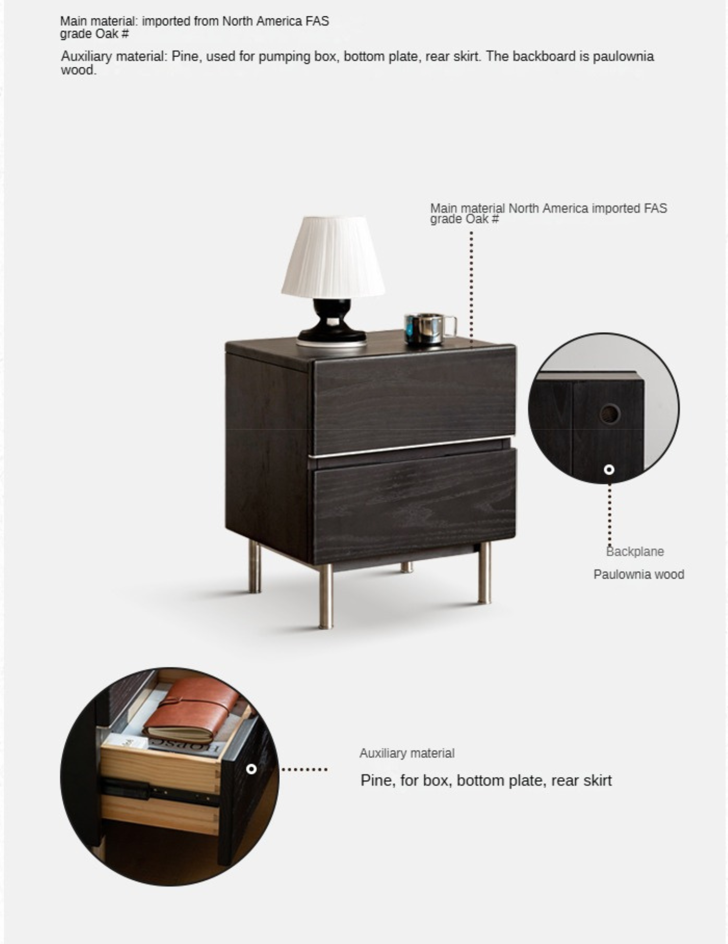 Solid Oak Wood Nightstand - Light Luxury Style Bedside Table for Bedroom, Living Room, or Office