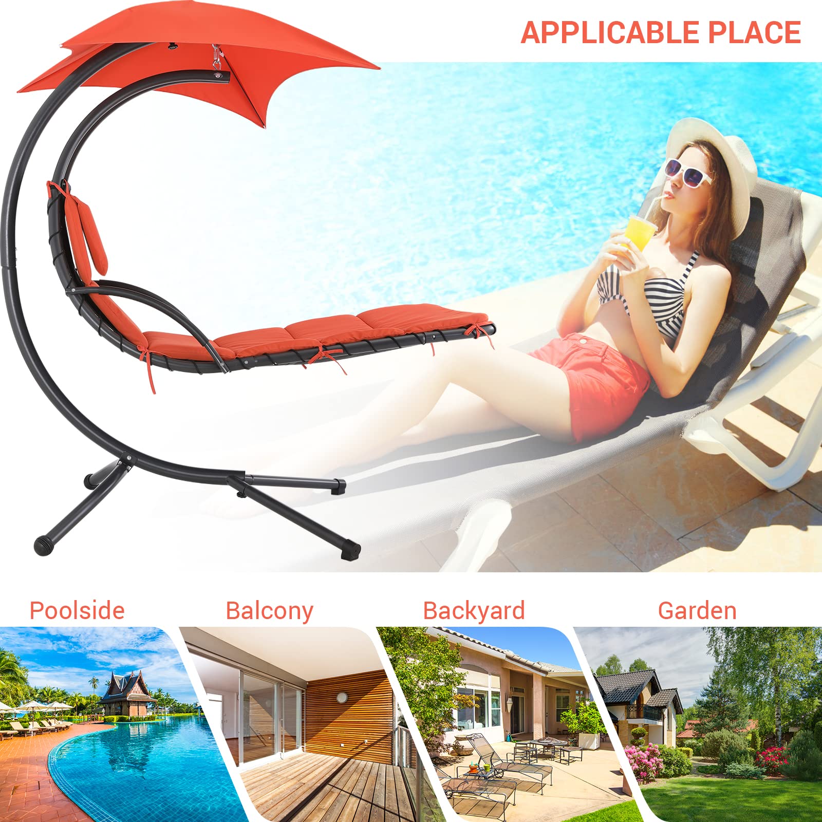 Adjustable Outdoor Patio Hanging Chaise Lounge Chair with Arc Stand - Floating Curved Hammock with Air Porch Stand, Built-in Pillow & Removable Canopy - Perfect for Backyard, Garden, Poolside & Indoor Relaxation - Orange (SAB-OT-001)