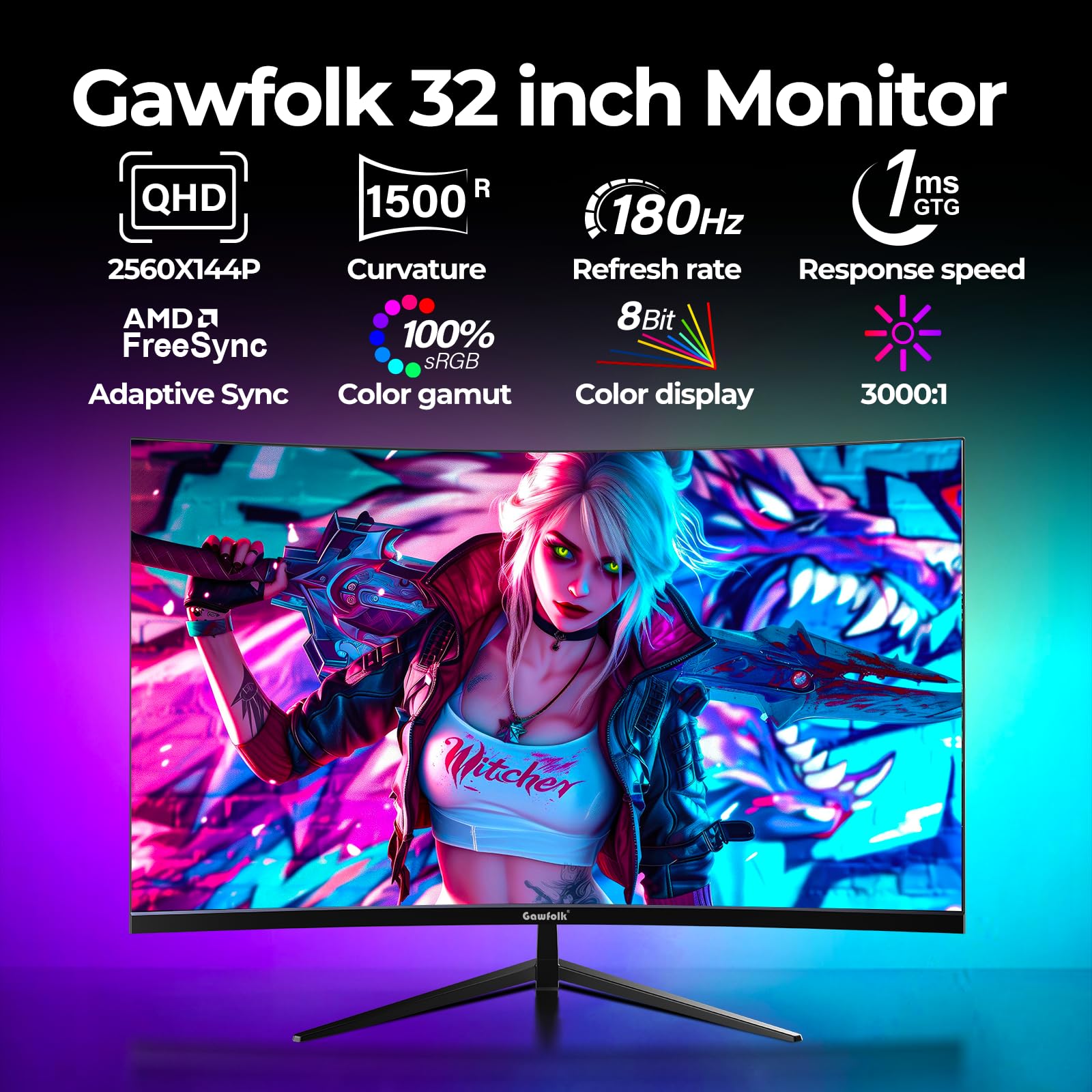 32 Inch Curved Gaming Monitor 144Hz/180Hz, QHD 2560x1440p 2K Resolution, 1500R Curvature, AMD FreeSync, DisplayPort & HDMI, VESA Wall Mountable - Perfect for Esports, Work & Home Entertainment