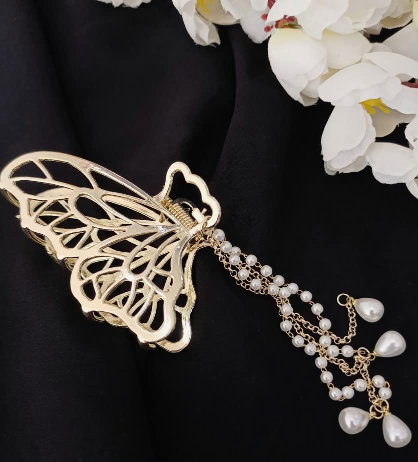 ANNA CREATIONS Golden Large Metal Pearl Hair Claw Clip - Elegant Hair Accessories for Women & Girls (2 Pack) - Perfect for Parties, Weddings & Everyday Styling
