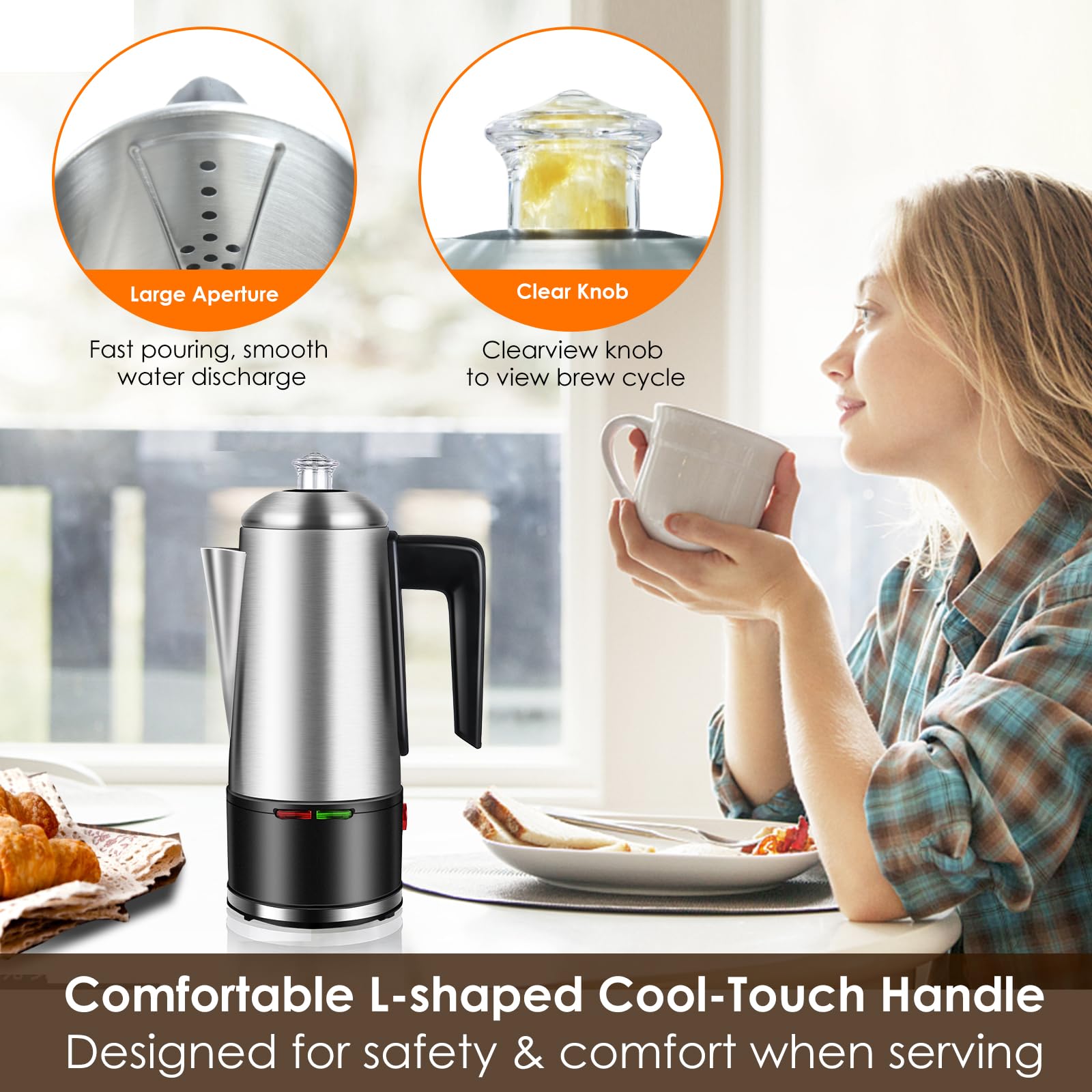 HOMOKUS 12-Cup Electric Coffee Percolator - 800W Stainless Steel Coffee Maker with Auto Keep Warm, Cool-Touch Handle & Clear Knob - Perfect for Home, Office, Camping & Outdoor Use