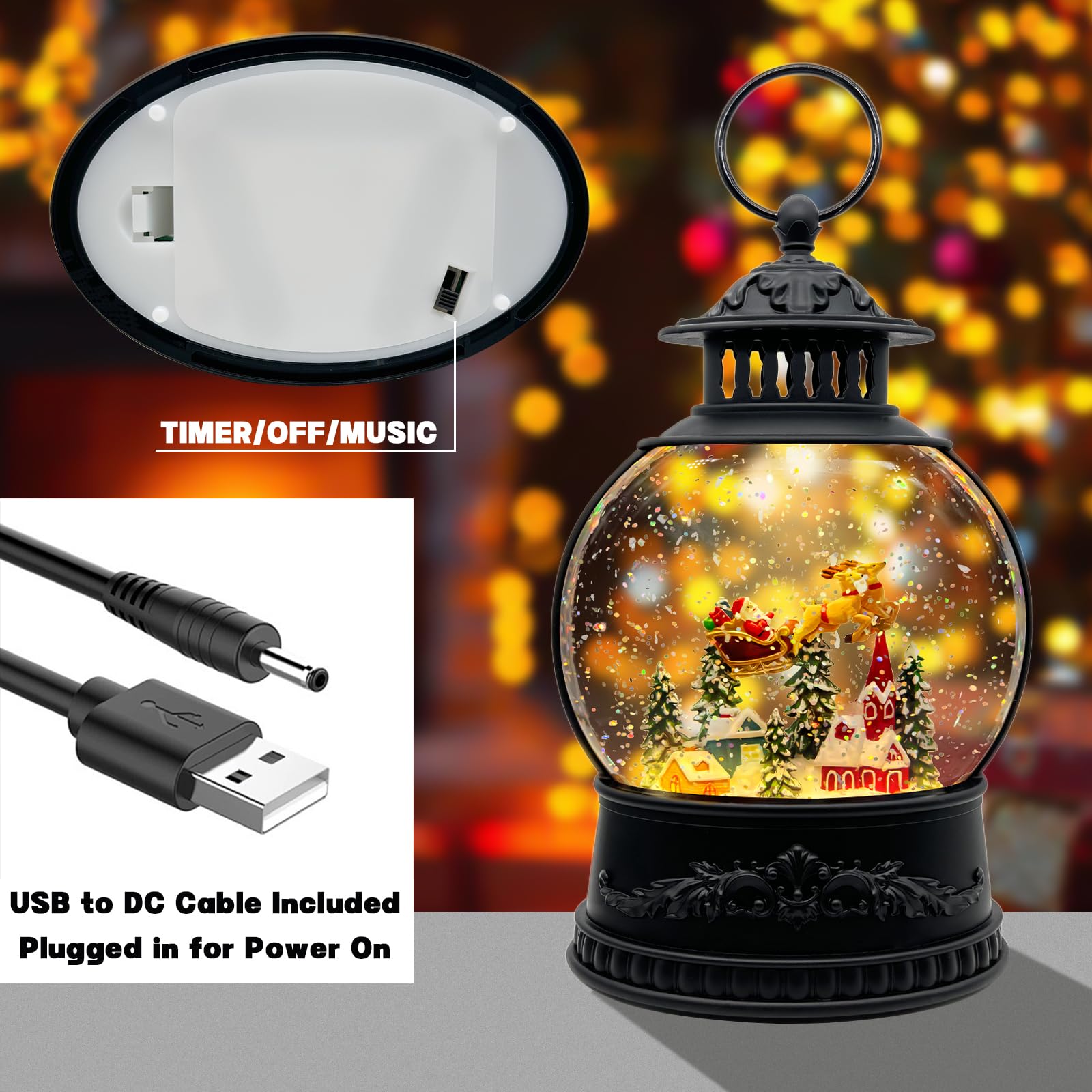 Christmas Snow Globe Lantern with Music & Timer - USB/Battery Powered LED Glittering Globe Decor for Home, Office, Holiday Party | Perfect for Christmas Tree, Mantel, Tabletop & Gift Giving (Reindeer Design)