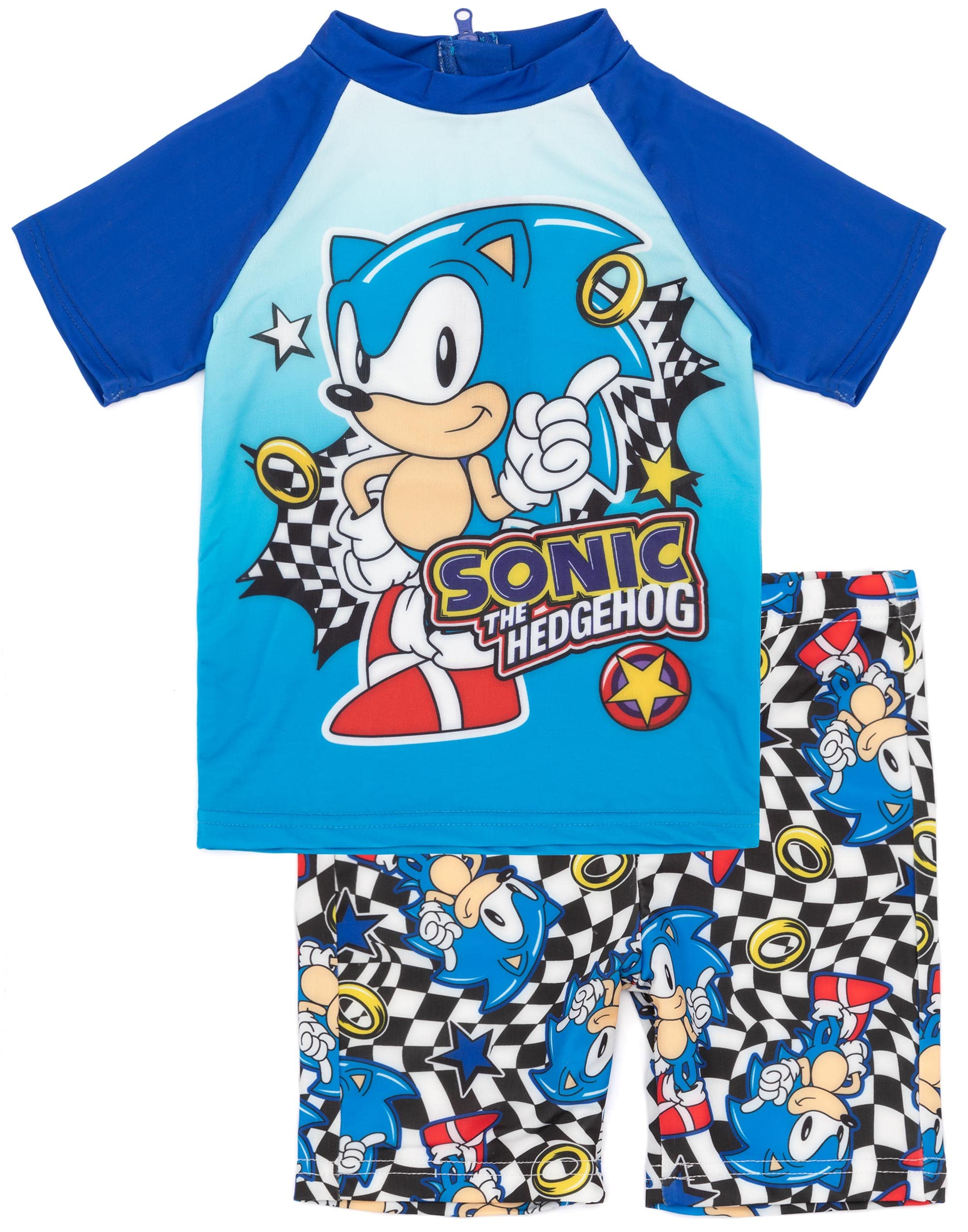 Sonic The Hedgehog Boys Swimwear Set - Blue 2-Piece Rash Guard & Swim Trunks with Racing Checkers Design | Kids Swimming Costume for Pool, Beach & Water Play