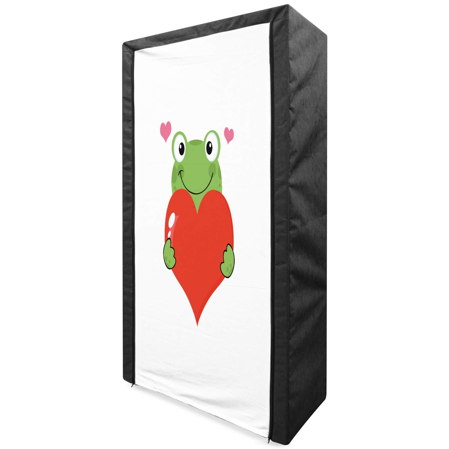 Ambesonne Love Portable Fabric Wardrobe with Shelves - 33.5 Inch Cartoon Frog Holding Giant Heart Theme Clothing Organizer Storage Closet in Lime Green & Vermilion | Perfect for Bedroom, Dorm, Kids Room, and Small Space Organization
