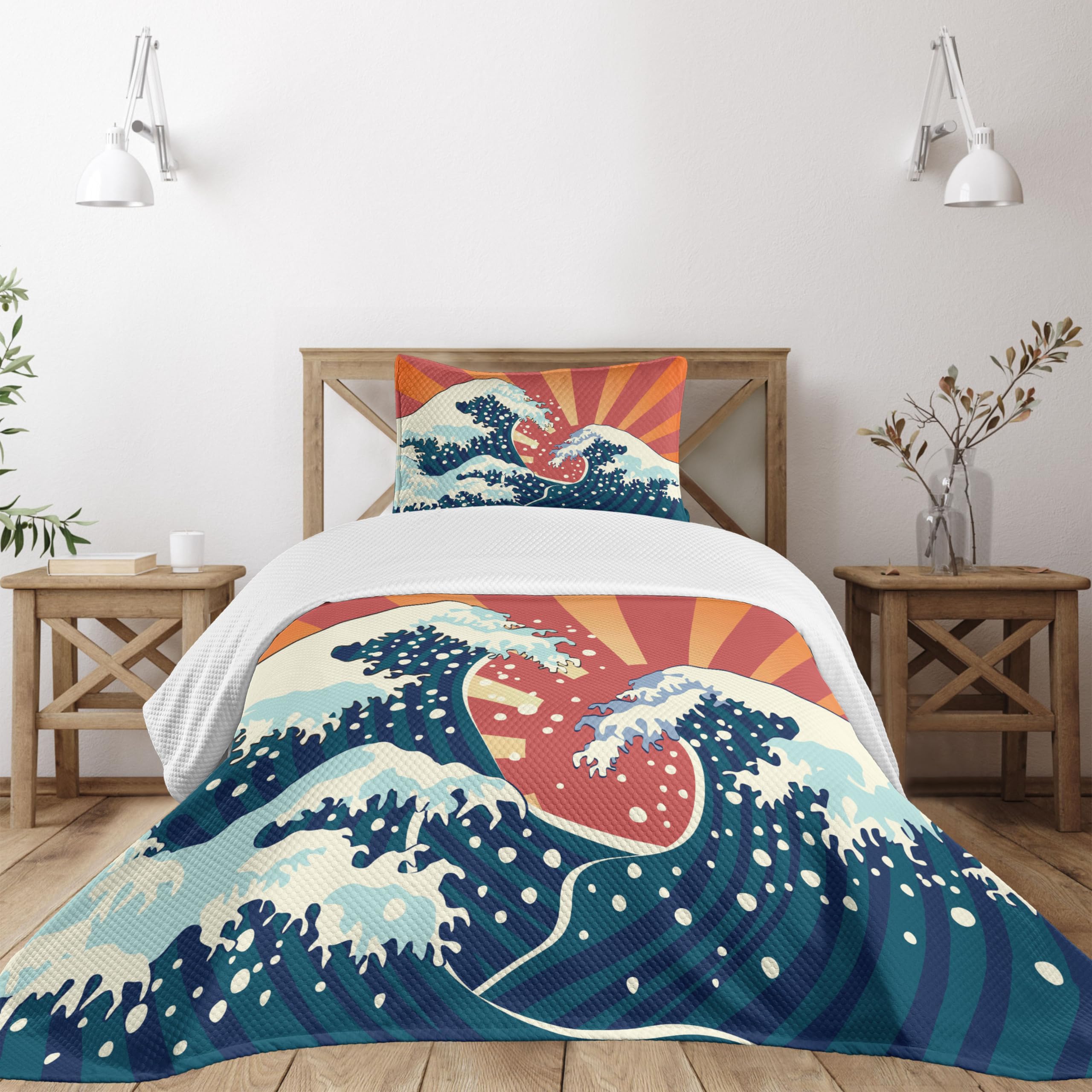Ambesonne Japanese Wave Bedspread Set - 3 Piece Decorative Bedding with 2 Pillow Shams, Twin Size, Multicolor Abstract Sunset Ocean Design - Perfect for Coastal Themed Bedrooms, Boho Home Decor & Summer Seasonal Backdrops
