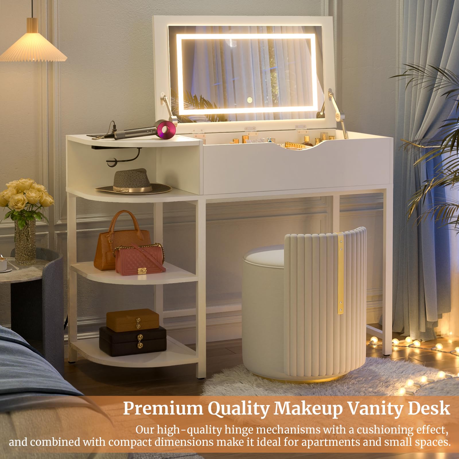 Cyclysio White Vanity Desk with Flip Top Mirror & LED Lights - Makeup Dressing Table with Storage Drawers, Shelves & USB Charging Station - Perfect for Small Spaces, Bedroom, Apartment & Dorm Room Organization