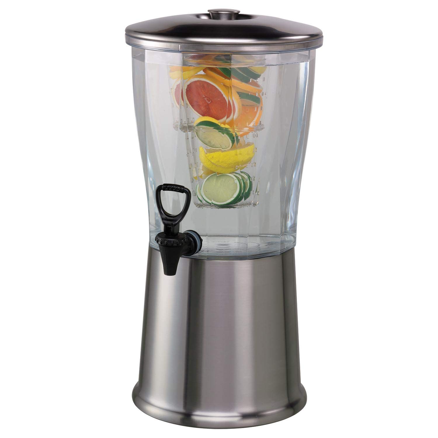 3 Gallon Round Beverage Dispenser with Plastic Container & Infuser Tube - Stainless Steel Base & Lid, NSF Certified - Perfect for Parties, Events & Catering