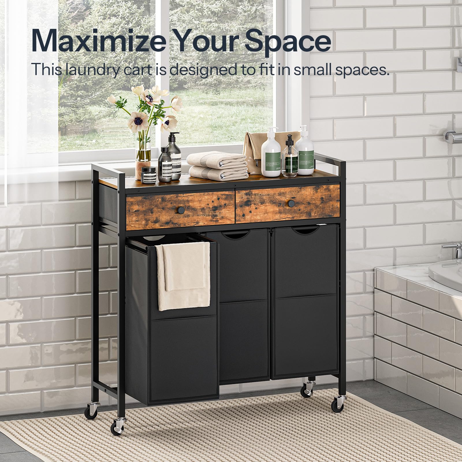 HOOBRO 3-Section Laundry Sorter Hamper with 2 Drawers & Removable Bags, 130L Rolling Laundry Basket for Bedroom, Bathroom, and Laundry Room Organization - Rustic Brown & Black (Model BF78XY01) | Perfect for Small Spaces, Apartments, and Home Organization