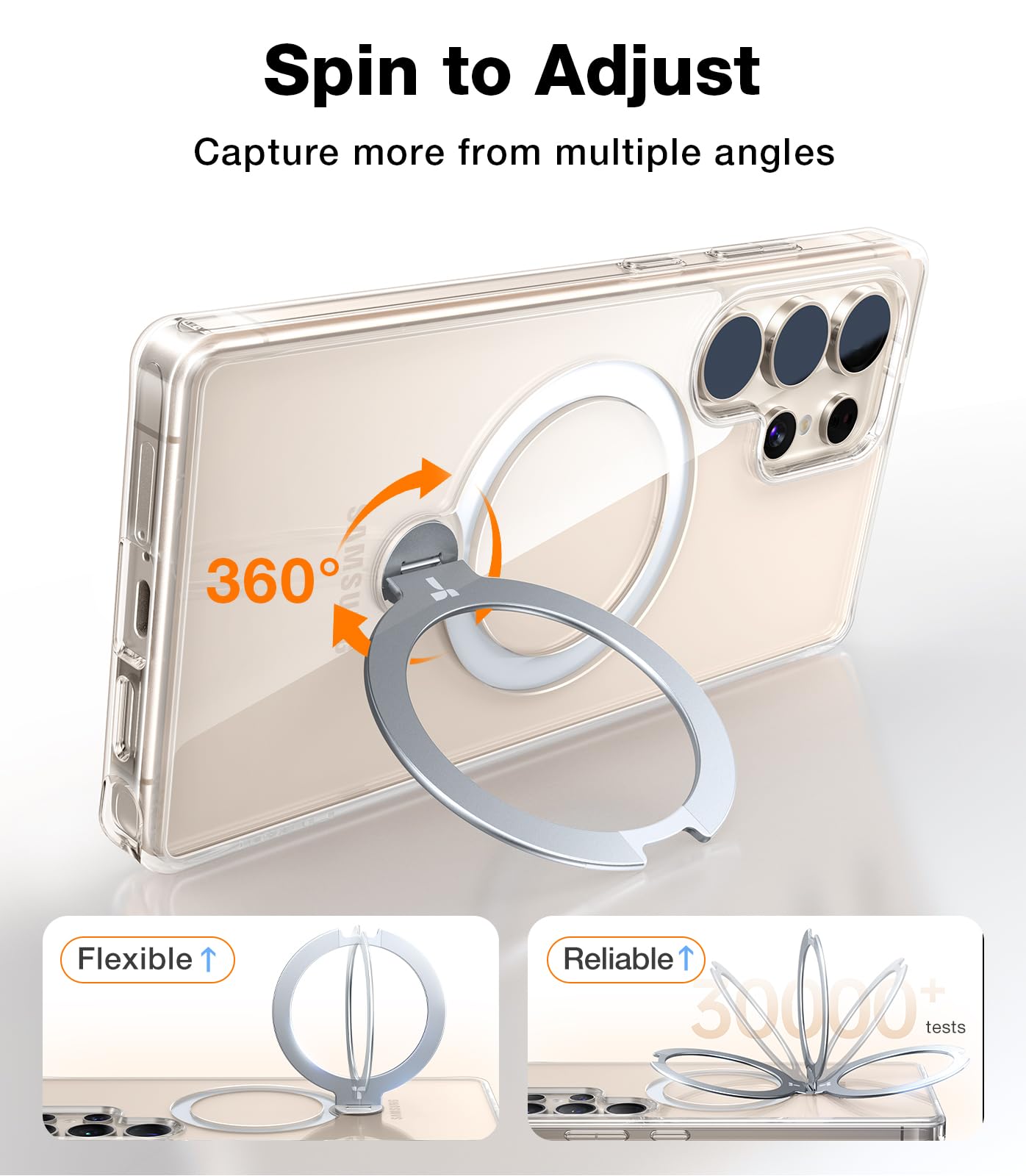 TORRAS 360° Rotating Magnetic Stand Case for Samsung Galaxy S25 Ultra - Slim Military-Grade Hard PC Protective Cover with Magsafe Compatibility, Built-in Kickstand & Ring Holder (Ostand Spin, Clear) - Perfect for Work, Travel and Hands-Free Viewing