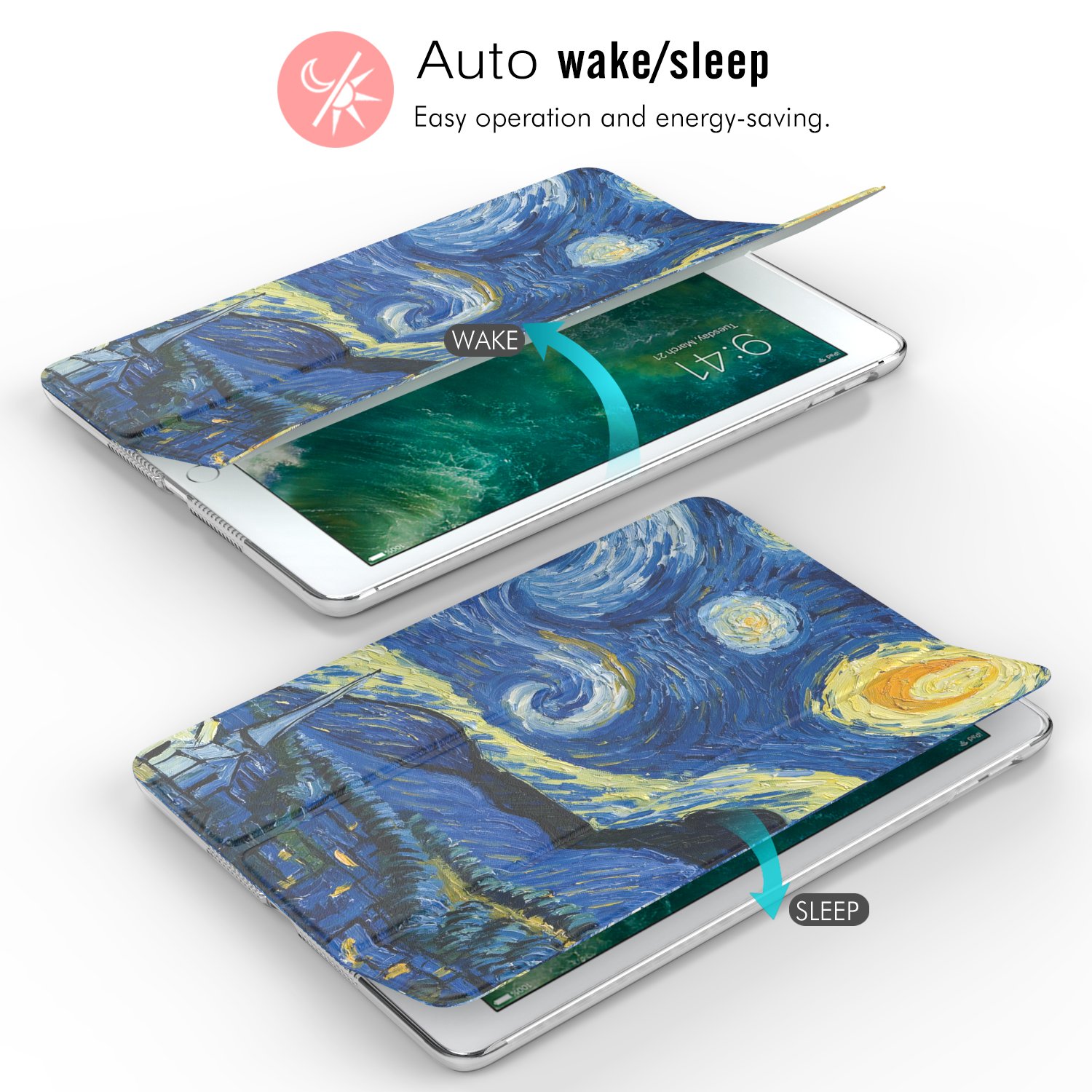 MoKo Slim Lightweight Smart Shell Stand Cover for iPad 9.7 Inch (6th/5th Gen 2018/2017) - Translucent Frosted Back Protector with Auto Wake/Sleep - Perfect for Work, School & Travel (Starry Night Design)
