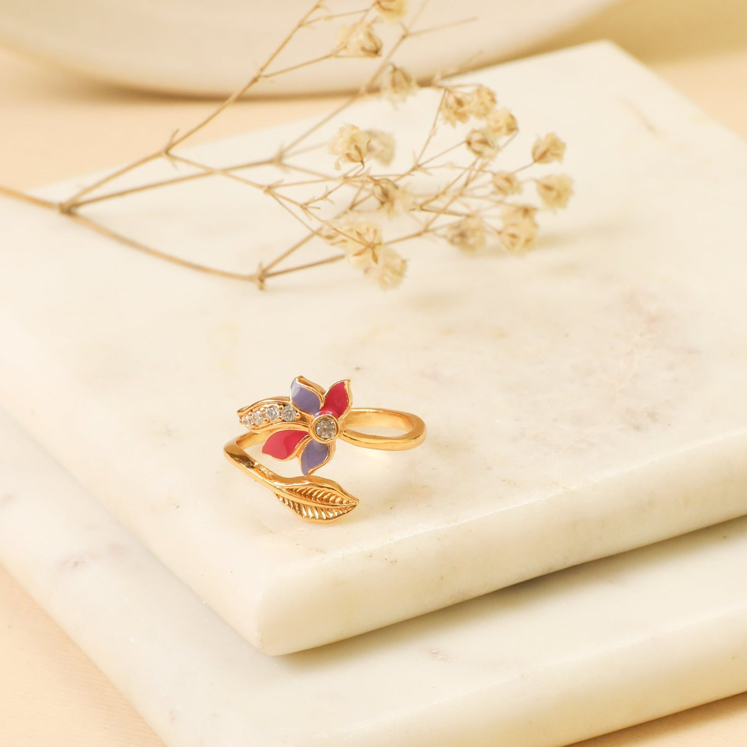 Pansy Floral CZ Leaf Finger Ring for Women - Elegant Flower Design Cubic Zirconia Jewelry - Perfect for Weddings, Parties & Everyday Wear