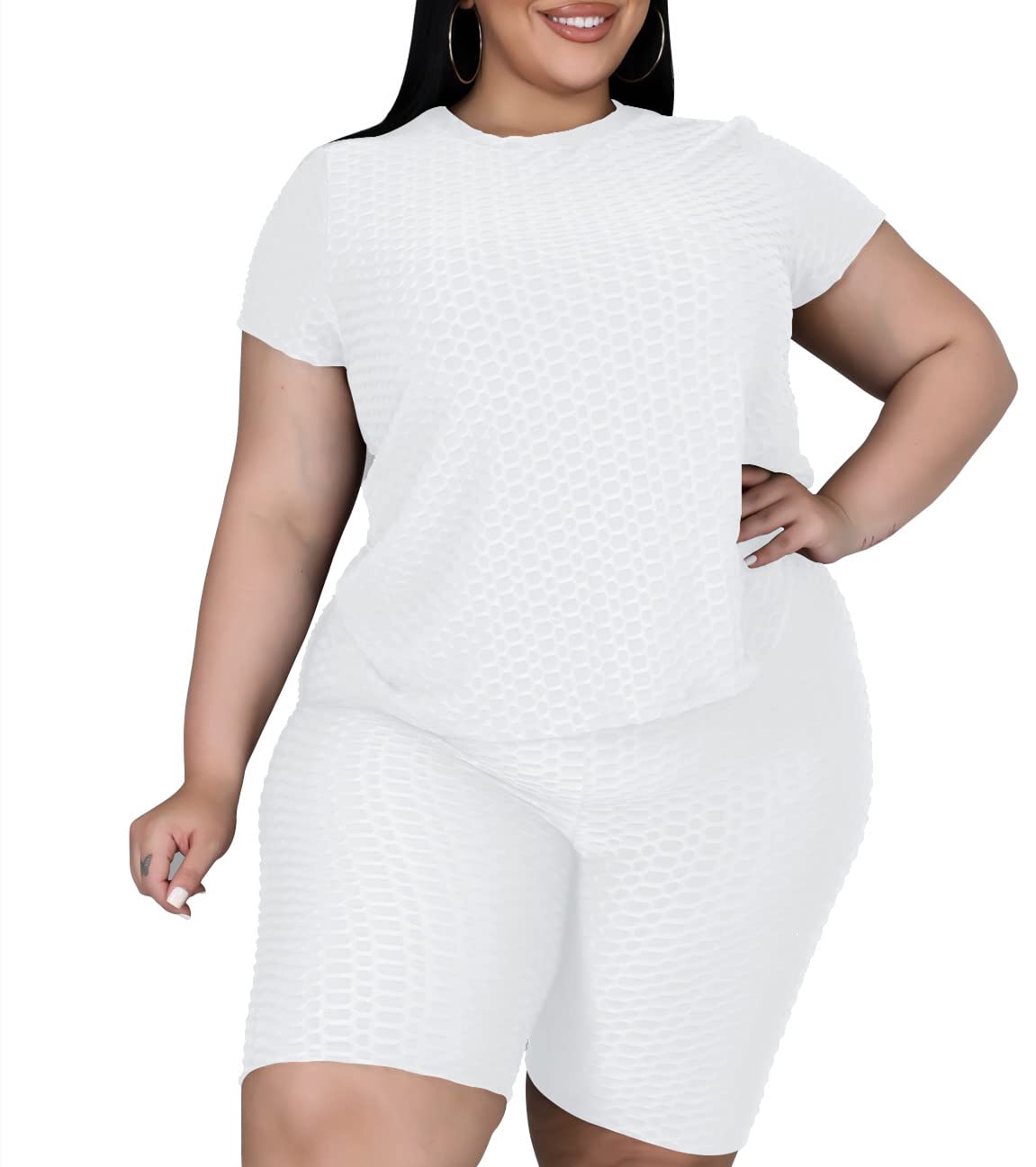Folivora Women's Plus Size 2-Piece Workout Set - Summer Sweatsuit with Elastic Waist for Cycling & Gym - Comfortable Activewear Tracksuit for Yoga, Running & Casual Wear