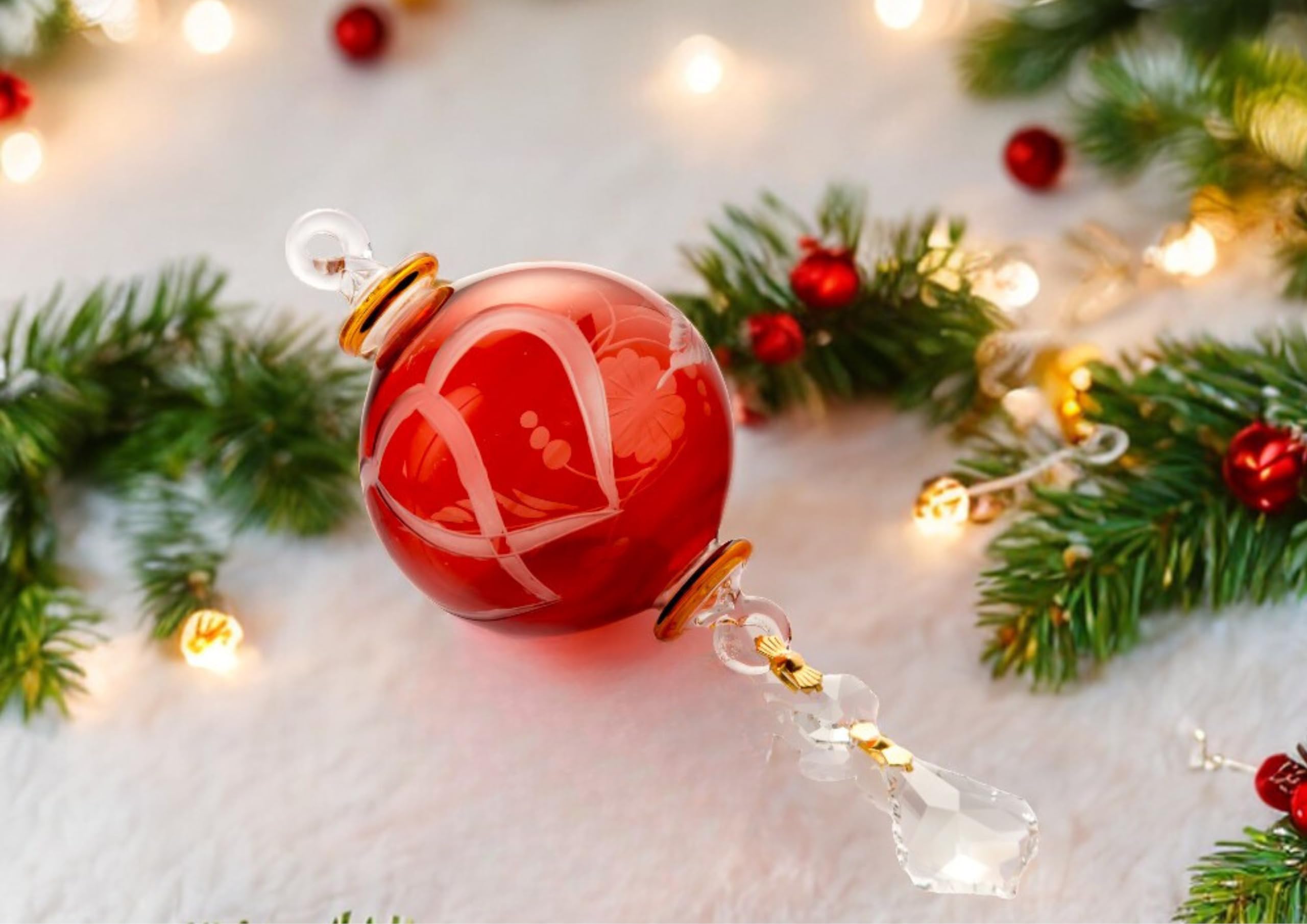 Handmade Blown Glass Christmas Ornaments - Red Glass Ball with Gold Accents & Crystal Drop - Engraved Holiday Decor for Christmas Tree - Perfect for Home Decor, New Year Gifts & Winter Wedding Decorations