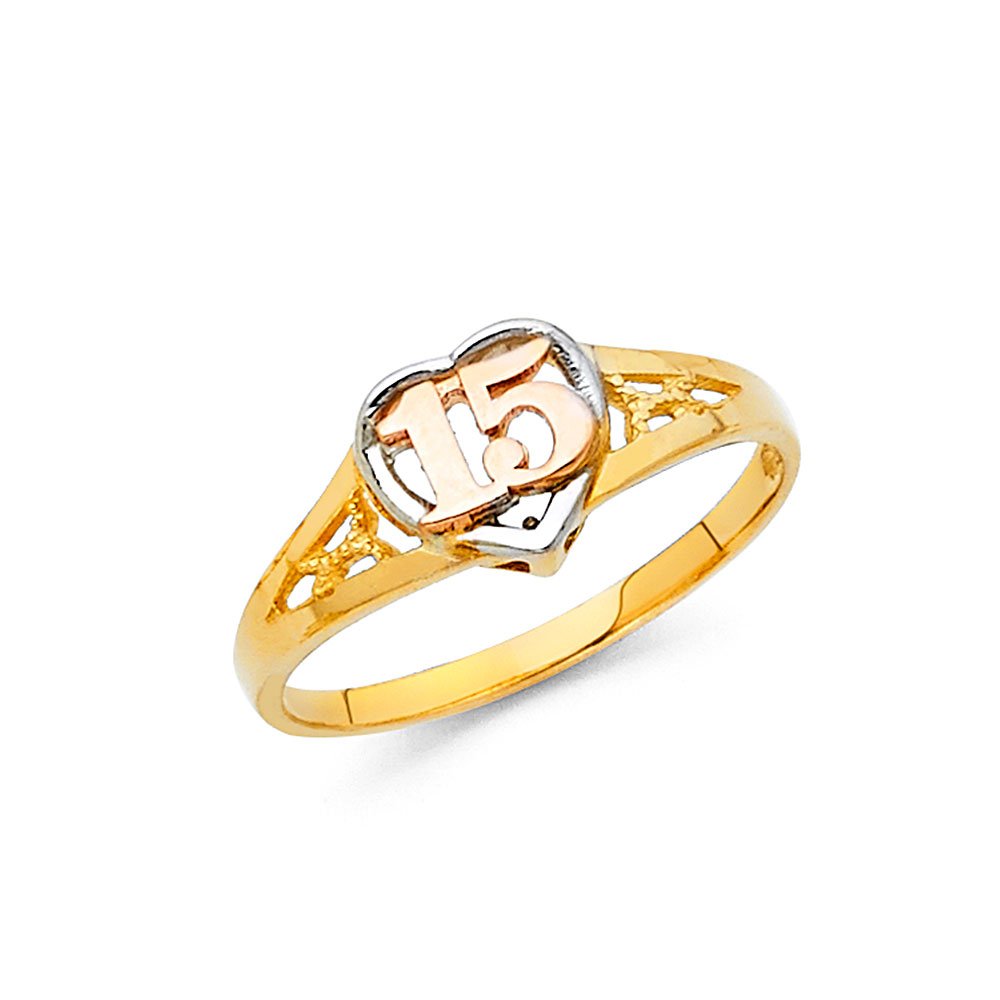 14K White, Yellow & Rose Gold Tri-Color 15th Birthday Quinceañera Ring - Elegant Anniversary Jewelry for Teens & Special Occasions