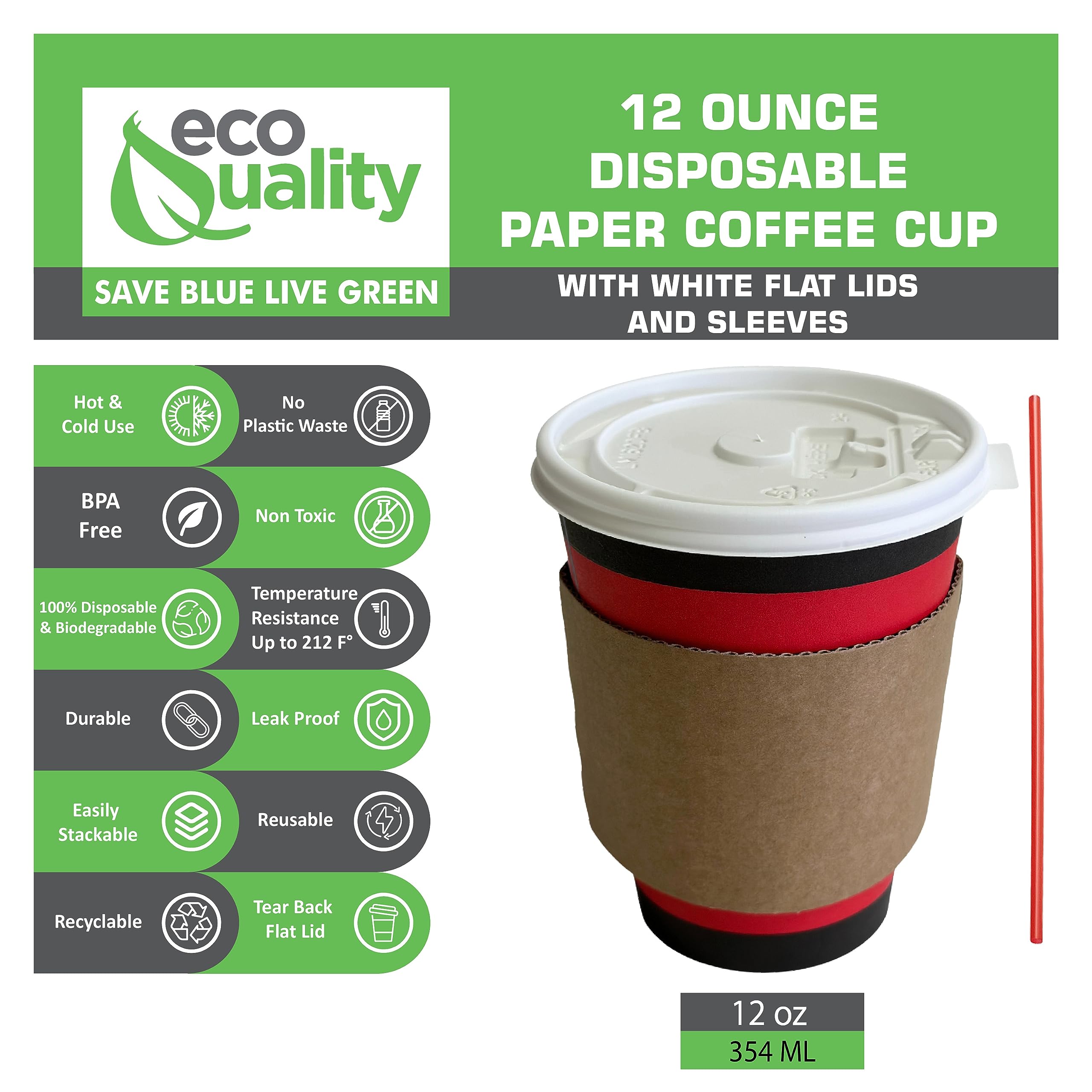 100-Pack 12oz Disposable Paper Coffee Cups with Lids, Sleeves & Stirrers - White Travel Coffee Cups for Hot & Cold Beverages - Perfect for Office, Parties, Coffee Shops, and On-the-Go Drinks