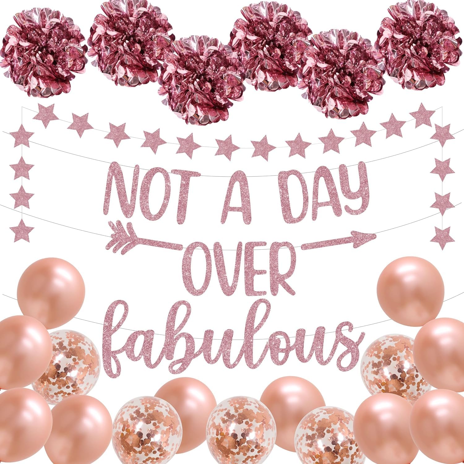Rose Gold Birthday Party Decorations for Women - Glitter Banner, Confetti Balloons & Paper Pom Poms - Perfect for 20th, 30th, 40th, 90th Birthday Celebrations - Elegant Rose Gold Theme for Parties, Baby Showers & Bridal Showers