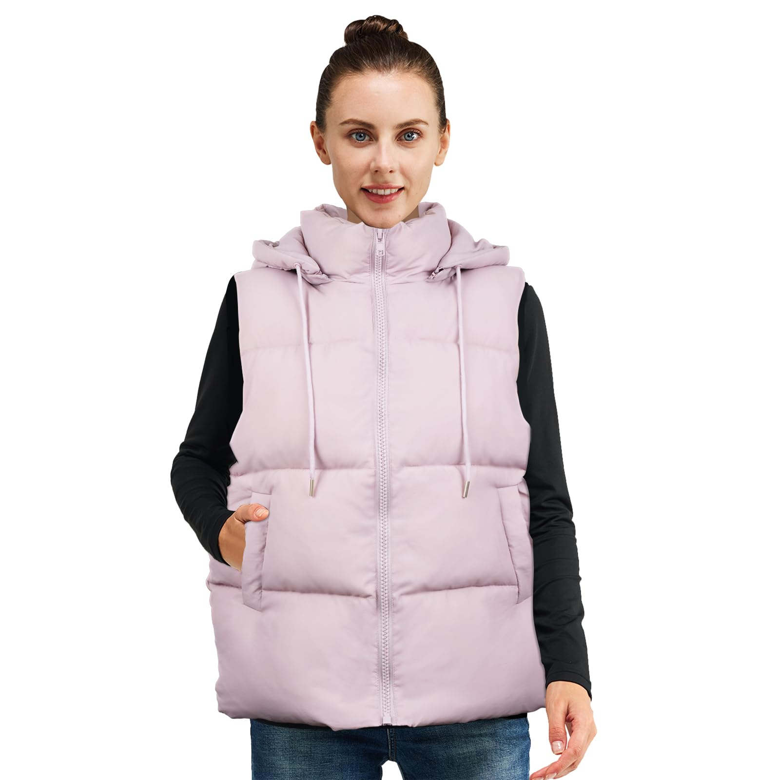 Women's Lightweight Puffer Vest with Zippered Pockets & Detachable Hood - Winter Warm Fleece Lined Jacket for Outdoor Hiking, Camping & Casual Wear