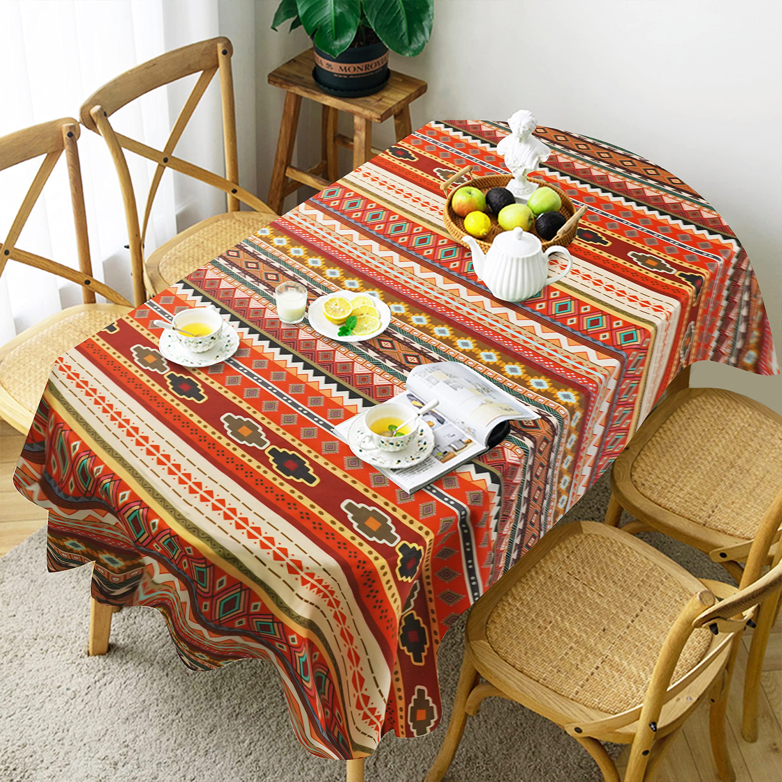 Boho Tablecloth for Oval Table Covers, Wrinkle-Free Bohemian Style Design Table Cloth for Dining Room, Tabletop Decoration, 54 x 72 Inch, Perfect for Outdoor Picnics and Indoor Gatherings