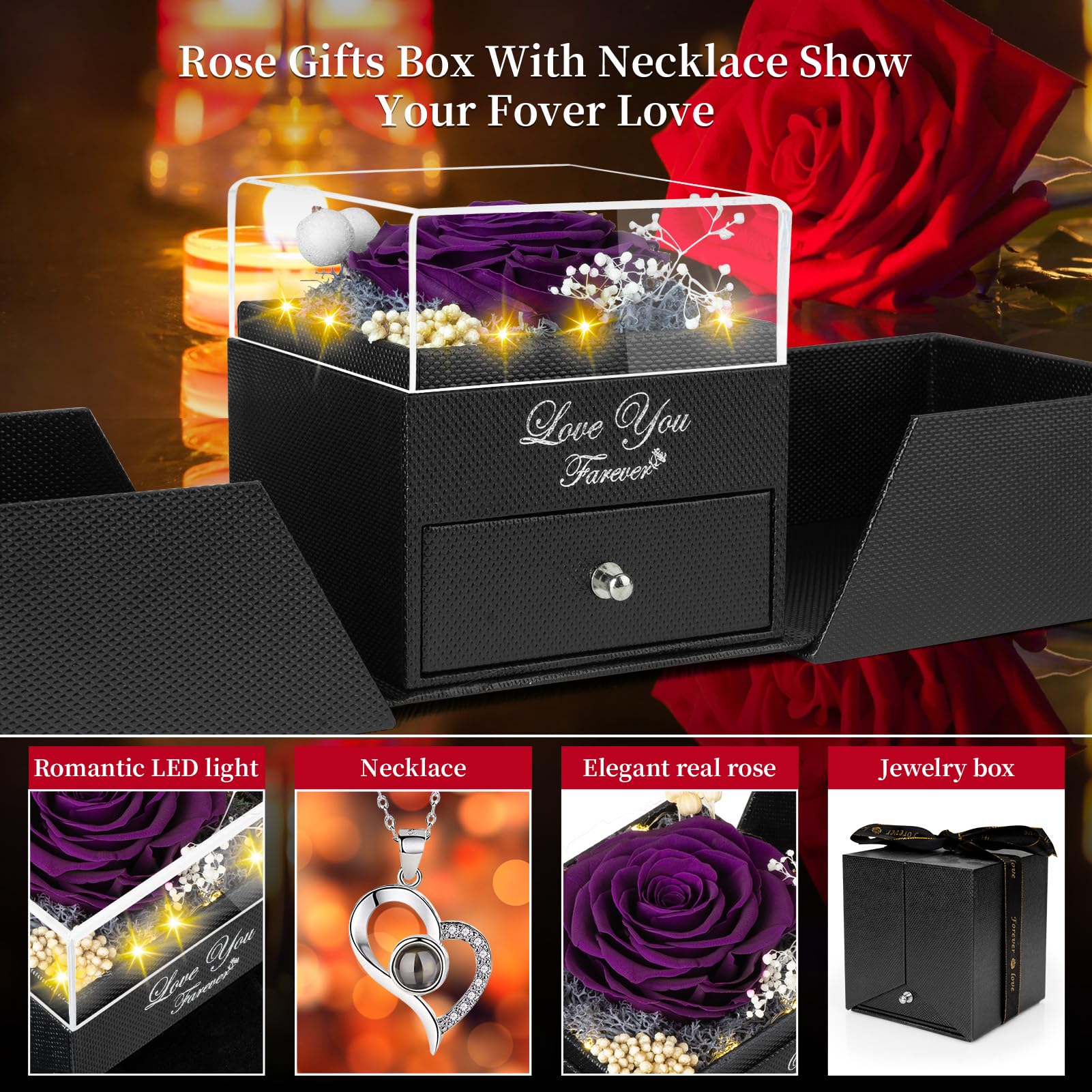 Preserved Purple Real Rose with 'I Love You' Necklace - Eternal Flower Gift for Mom, Grandma, Wife, Girlfriend | Romantic Anniversary, Birthday, Christmas Present for Her | Perfect for Valentine's Day, Weddings & Special Occasions