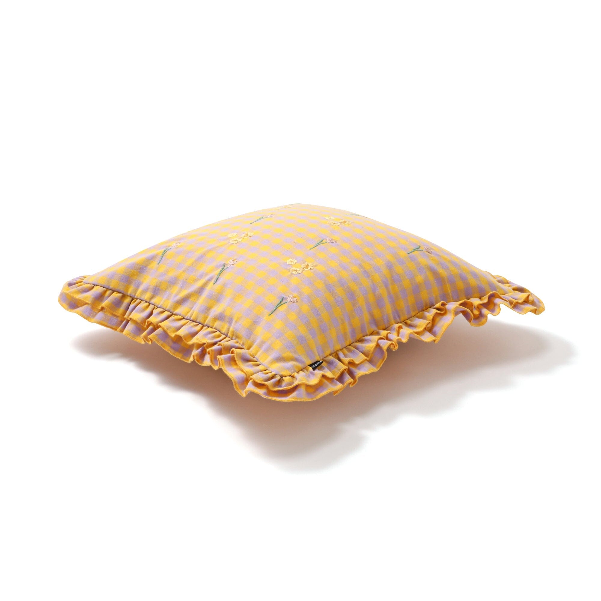Frilled Embroidered Cushion Cover 18x18 Inches Yellow and Purple - Perfect for Sofa, Bed, Chair Decor and Home Styling