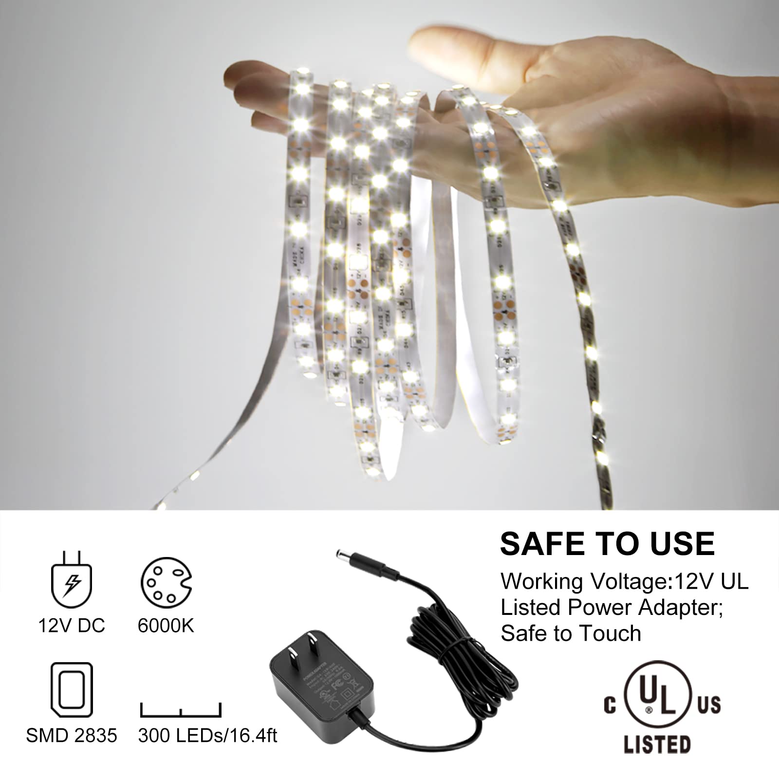 KOPMHYE 5M Dimmable LED Strip Lights Kit - 12V Flexible Tape Light with 300 2835 LEDs, 16.4ft 6000K Daylight White Ribbon & Power Adapter - Perfect for Under Bed Lighting, Vanity Mirror, Cabinet, Home Decor (Non-Waterproof)