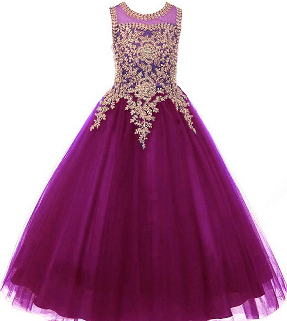 Elegant Gold Lace Burgundy Tulle Pageant Dress for Girls - Formal Long Prom Ball Gown for Special Occasions, Weddings & Dance Performances