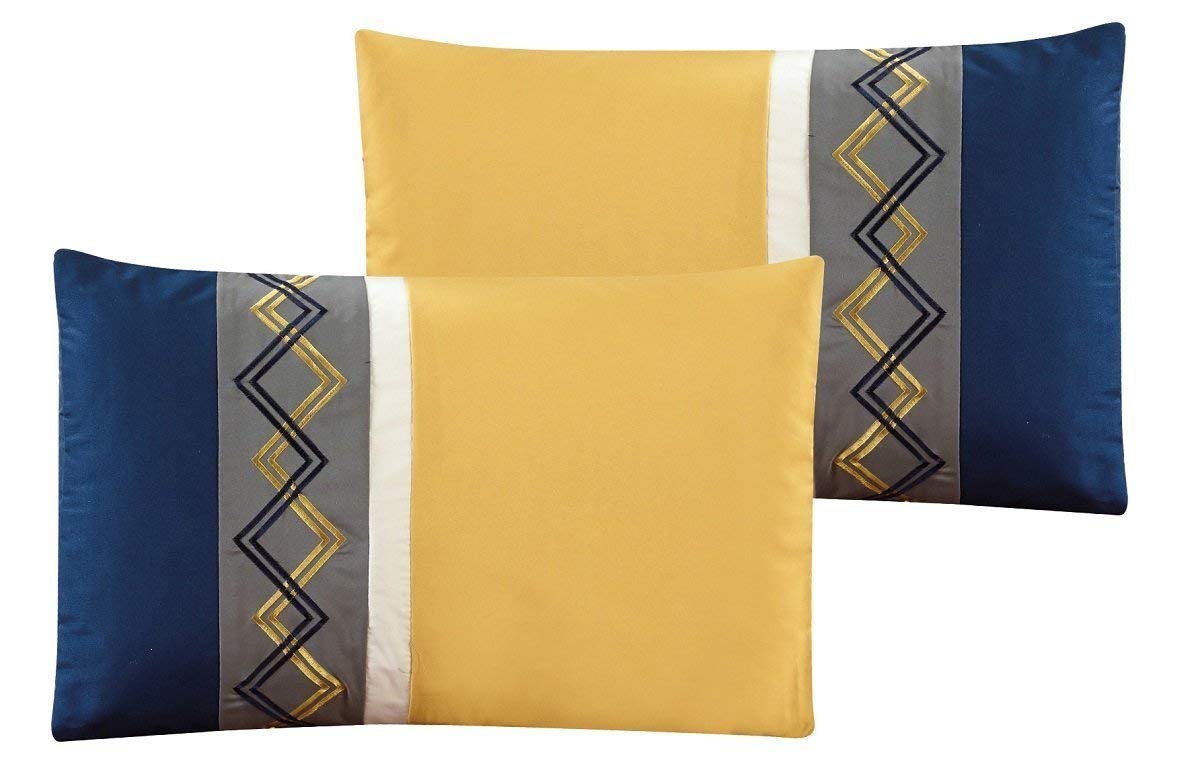 Chezmoi Collection Arden 7-Piece Modern Pleated Stripe Embroidered Zigzag Bedding Comforter Set - California King Size, Navy Gray Yellow White - Luxury Bedroom Decor for Guest Rooms & Master Suites