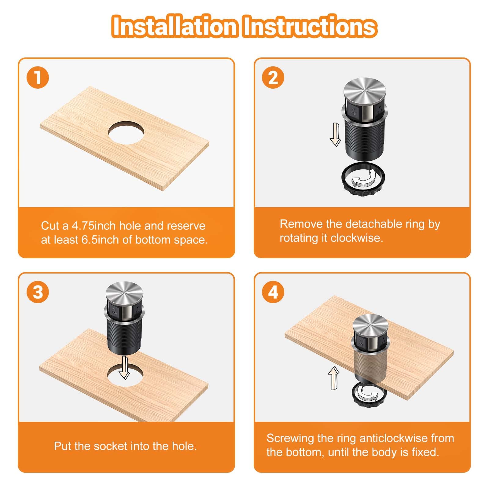 QBA Pop Up Outlet with 3 AC Outlets & Dual USB Ports (USB-A/USB-C) - Retractable Recessed Power Strip for Countertop - Perfect for Office, Kitchen Island, Home Bar & Workspace - Space Saving Black Electrical Outlet