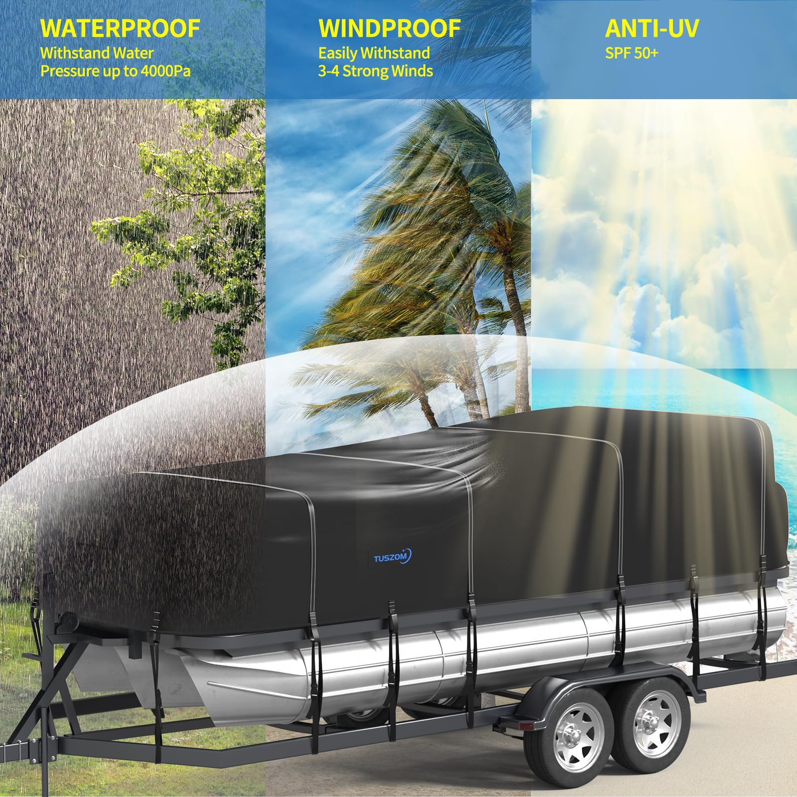 Tuszom True 900D Solution-Dyed Waterproof Boat Cover - Heavy Duty 21-24ft Trailerable & Mooring Pontoon Cover with 12+4 Windproof Straps & Motor Protection - Perfect for Outdoor Storage, Travel & Marine Use