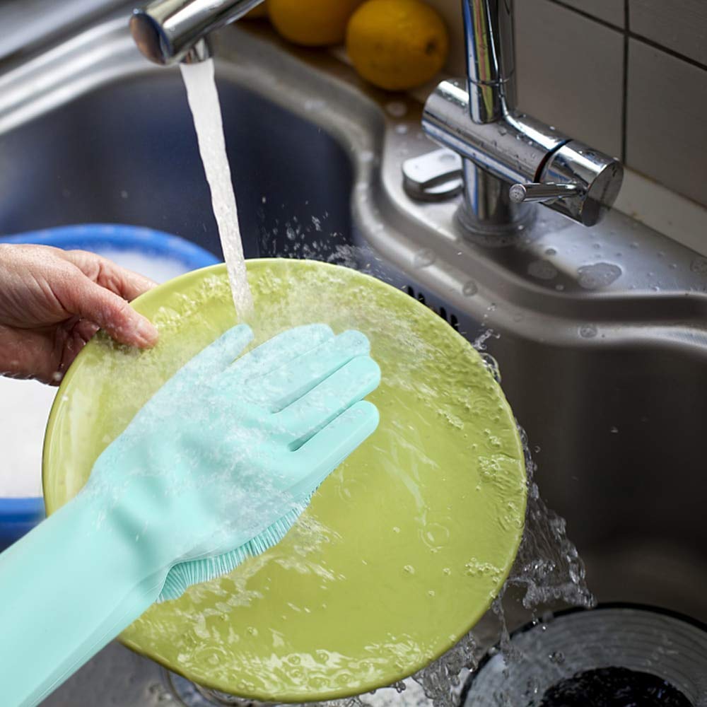SCANWORLD Heat-Resistant Kitchen Silicone Rubber Gloves for Dish Washing, Cleaning & Cooking - Non-Slip Grip with Built-in Scrubber Brush (1 Pair, Multi-Color) - Perfect for Washing Dishes, Handling Hot Pots & Household Chores