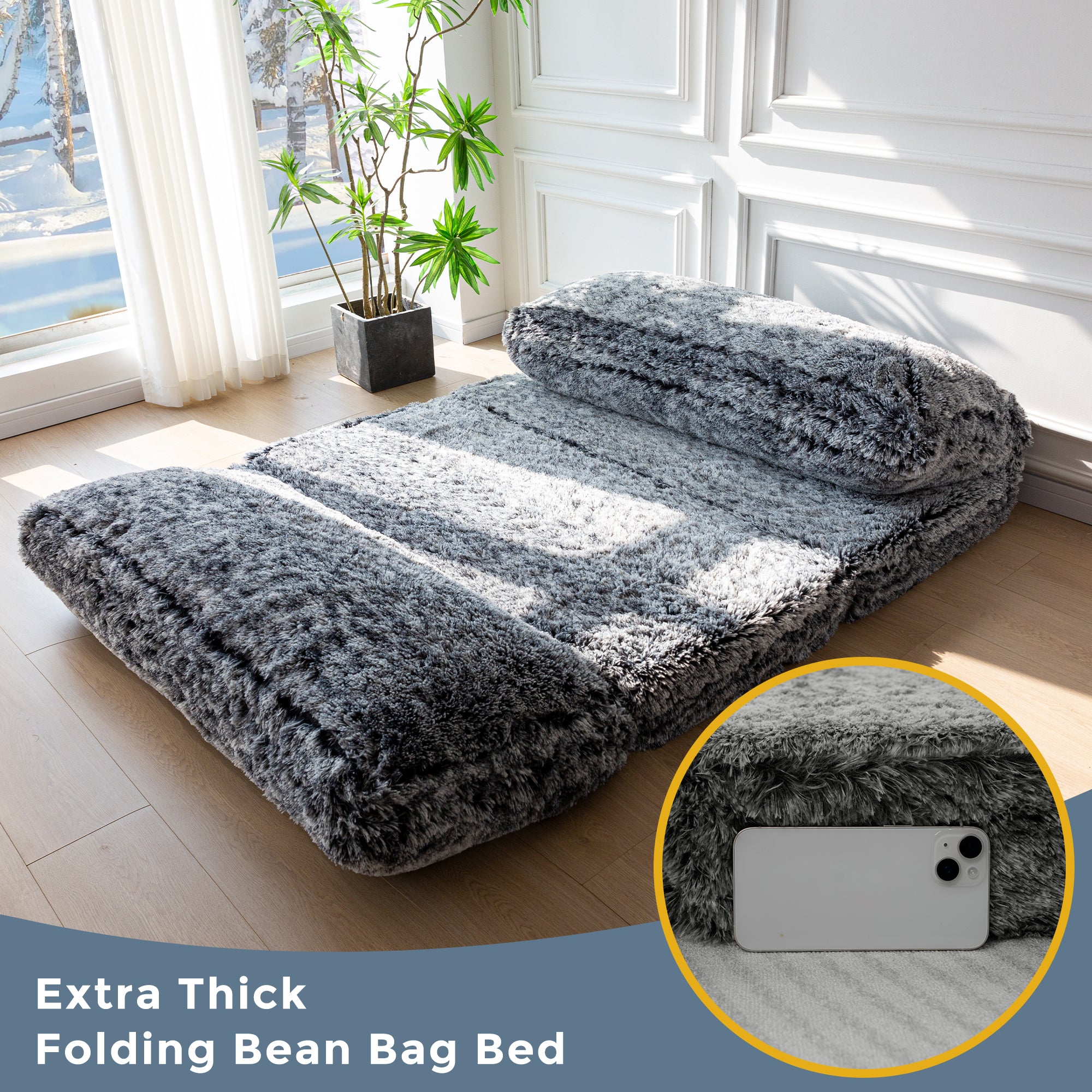 MAXYOYO Faux Fur Bean Bag Chair - Foldable Floor Sofa Bed with Foam Filling, Wall Couch Sleeper for Living Room, Bedroom & Dorm - Black (Perfect for Lounging, Gaming & Small Space Living)