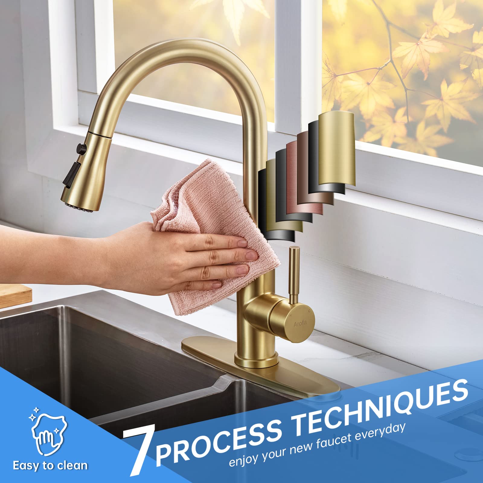 Arofa Brushed Gold Kitchen Faucet with Pull Down Sprayer - Stainless Steel Single Handle Brass Faucet for Sink - Champagne Bronze Finish with Deck Plate - Perfect for RV, Farmhouse, Bar & Laundry Sinks - Ideal for Modern Kitchens & Home Renovations