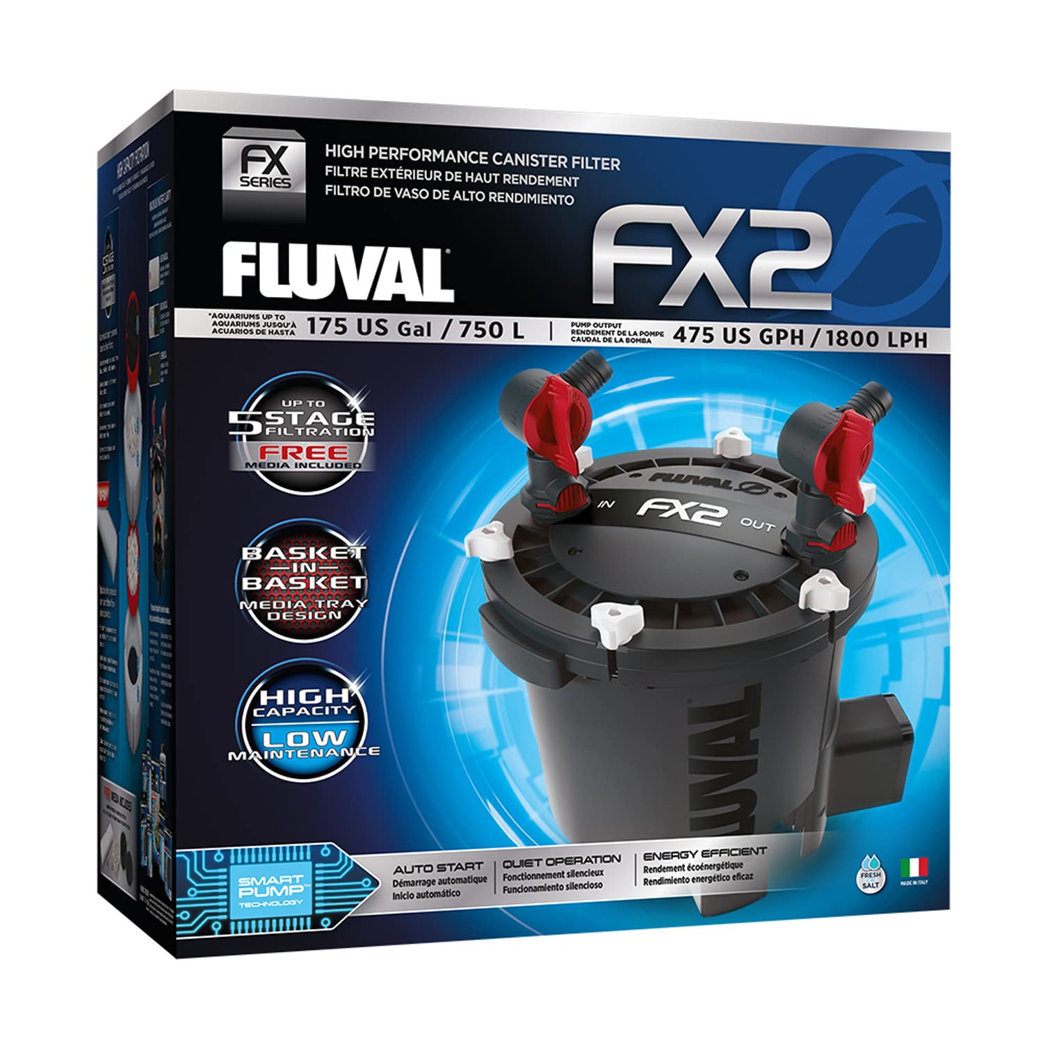 Fluval FX2 High Performance Canister Aquarium Filter - Multi-Stage Filtration System with Built-in Powered Water Change & Basket-in-Basket Tray Design for Freshwater & Saltwater Fish Tanks - Perfect for Large Aquariums up to 250 Gallons