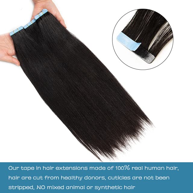 Premium 20-Piece Tape in Hair Extensions - 16inch Yaki Straight Remy Human Hair, 50g Natural Black Color, Seamless Skin Weft for a Flawless Look | Perfect for Daily Wear, Special Occasions & Styling