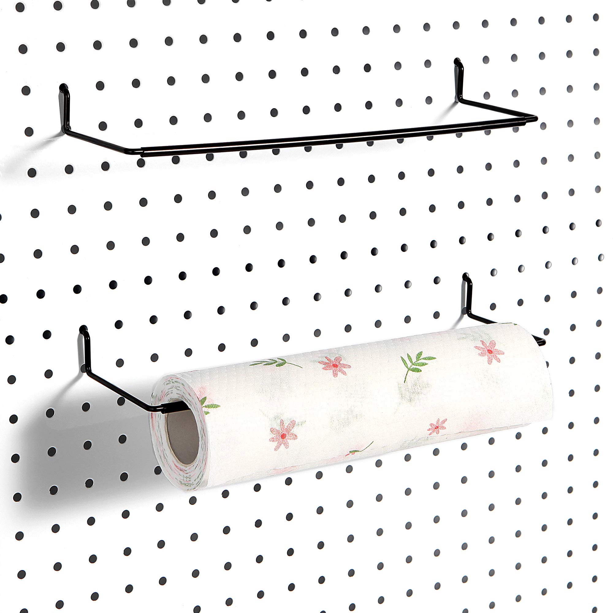 Extendable Pegboard Paper Towel Holder - 2 Pack Black Organizer for Kitchen, Garage & Workshop | Fits Any Standard Pegboard | Space-Saving Storage Solution