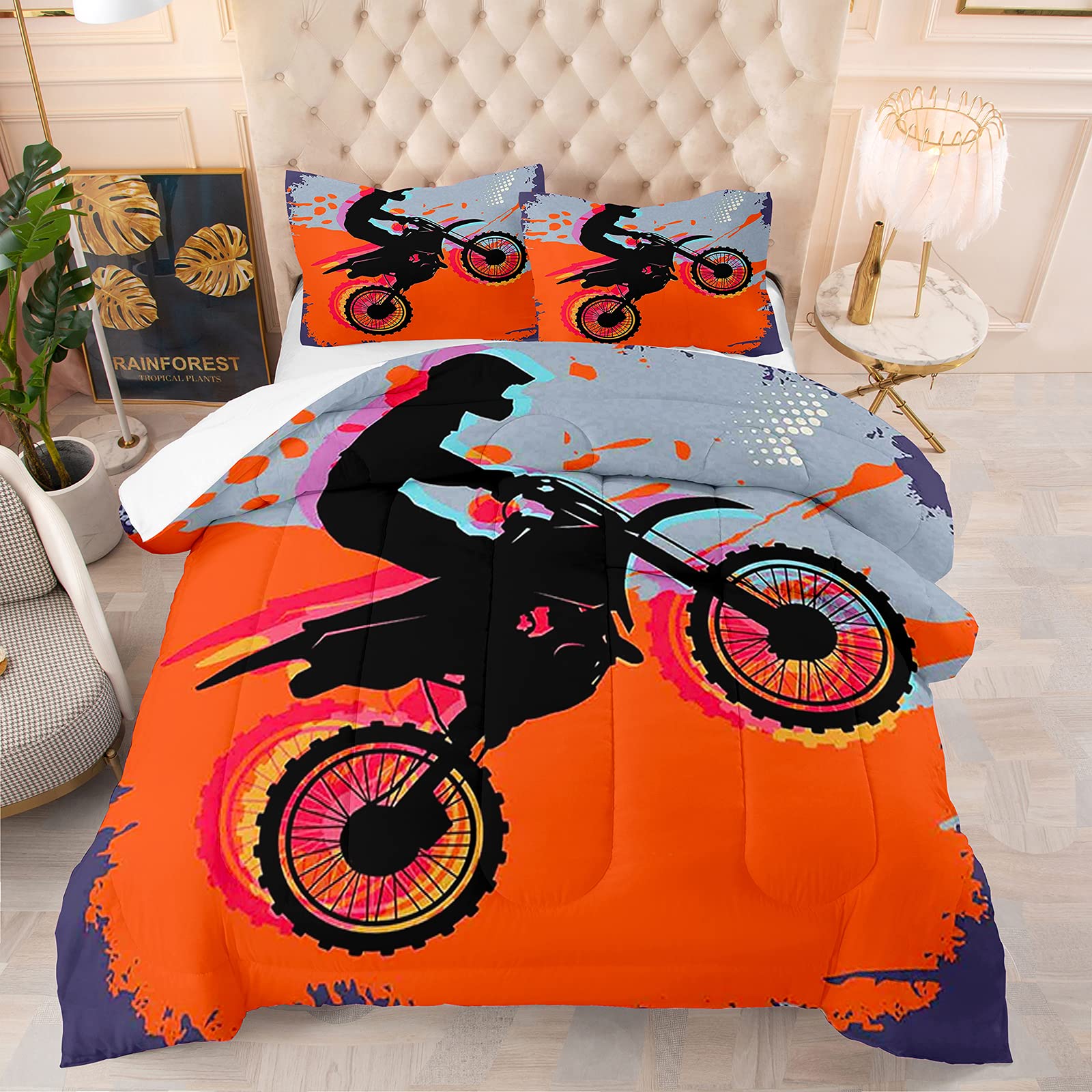 NINENINE Queen Size Dirt Bike Comforter Set - 3D Watercolor Motocross Racer Design Bedding with Matching Pillowcase for Boys & Men | Perfect for Motocross Fans, Sports Enthusiasts & Motorcycle Lovers Bedroom Decor