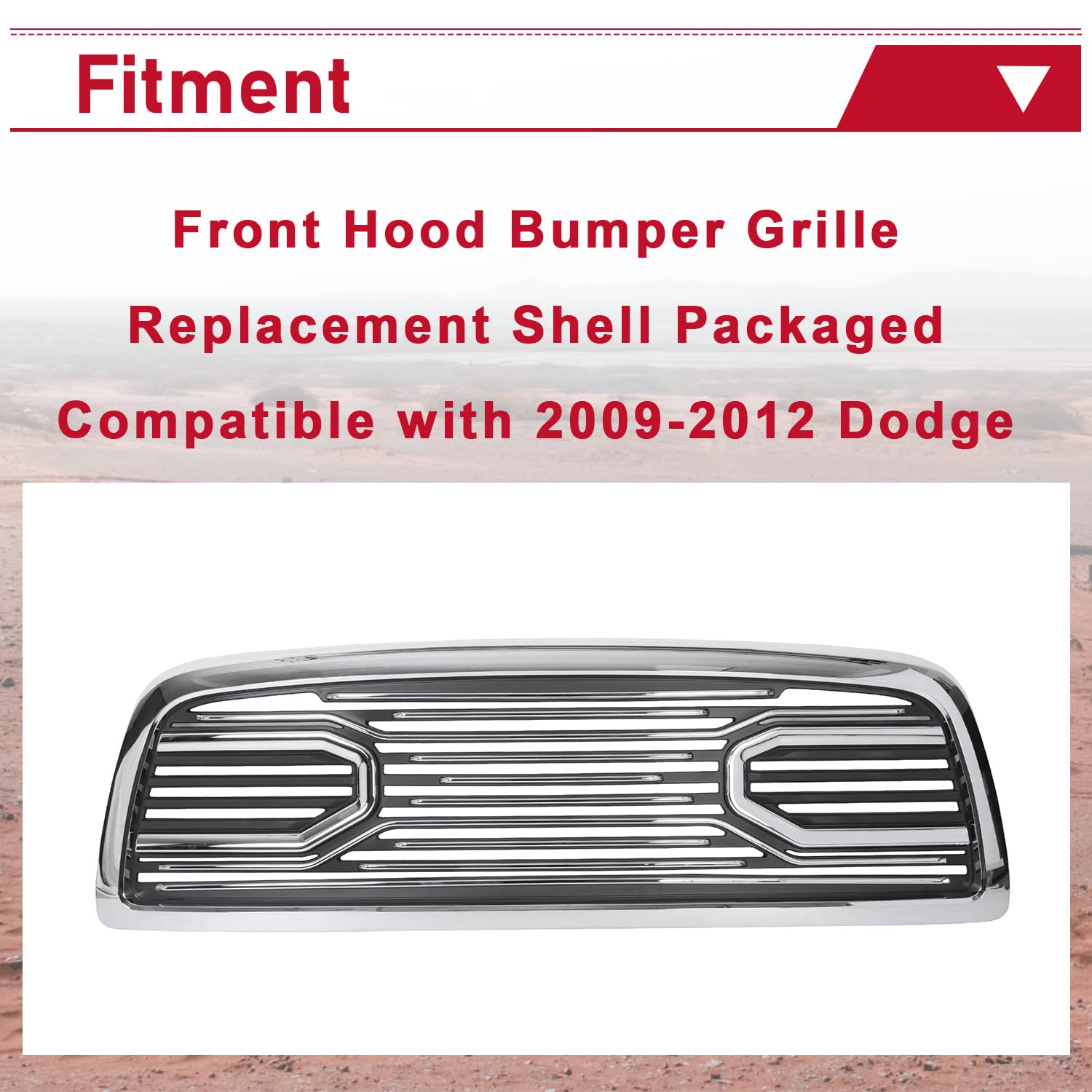 HECASA Front Hood Bumper Grille Replacement Shell for 2009-2012 Dodge Ram 1500 - Chrome Finish Without Lights | Perfect for Off-Roading & Truck Customization