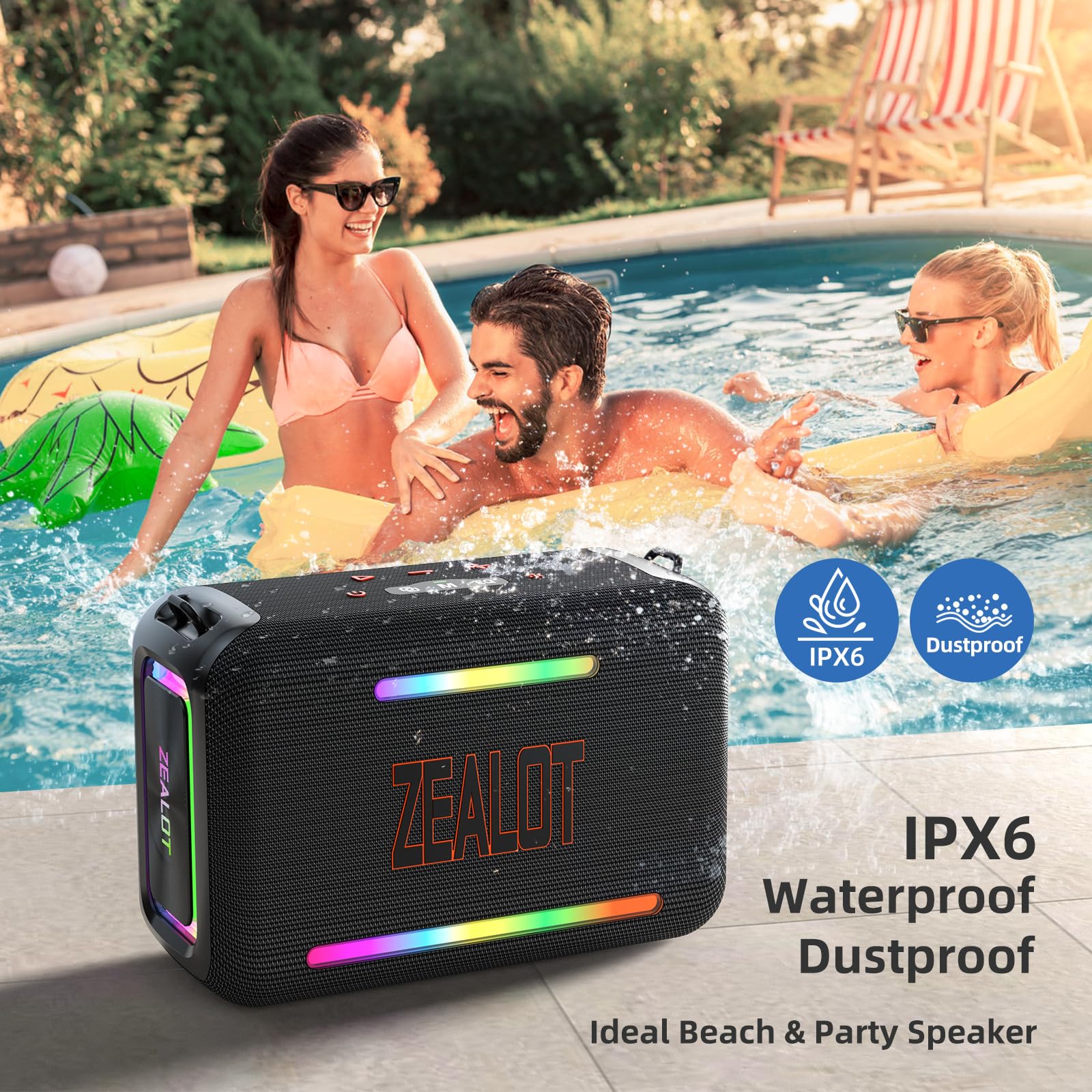 ZEALOT 120W Powerful Bluetooth Speaker - IPX6 Waterproof Wireless Speaker with LED Lights, 40H Playtime & Custom EQ | Portable Outdoor Party Speaker with Deep Bass for Beach, Camping, Poolside & Home Entertainment