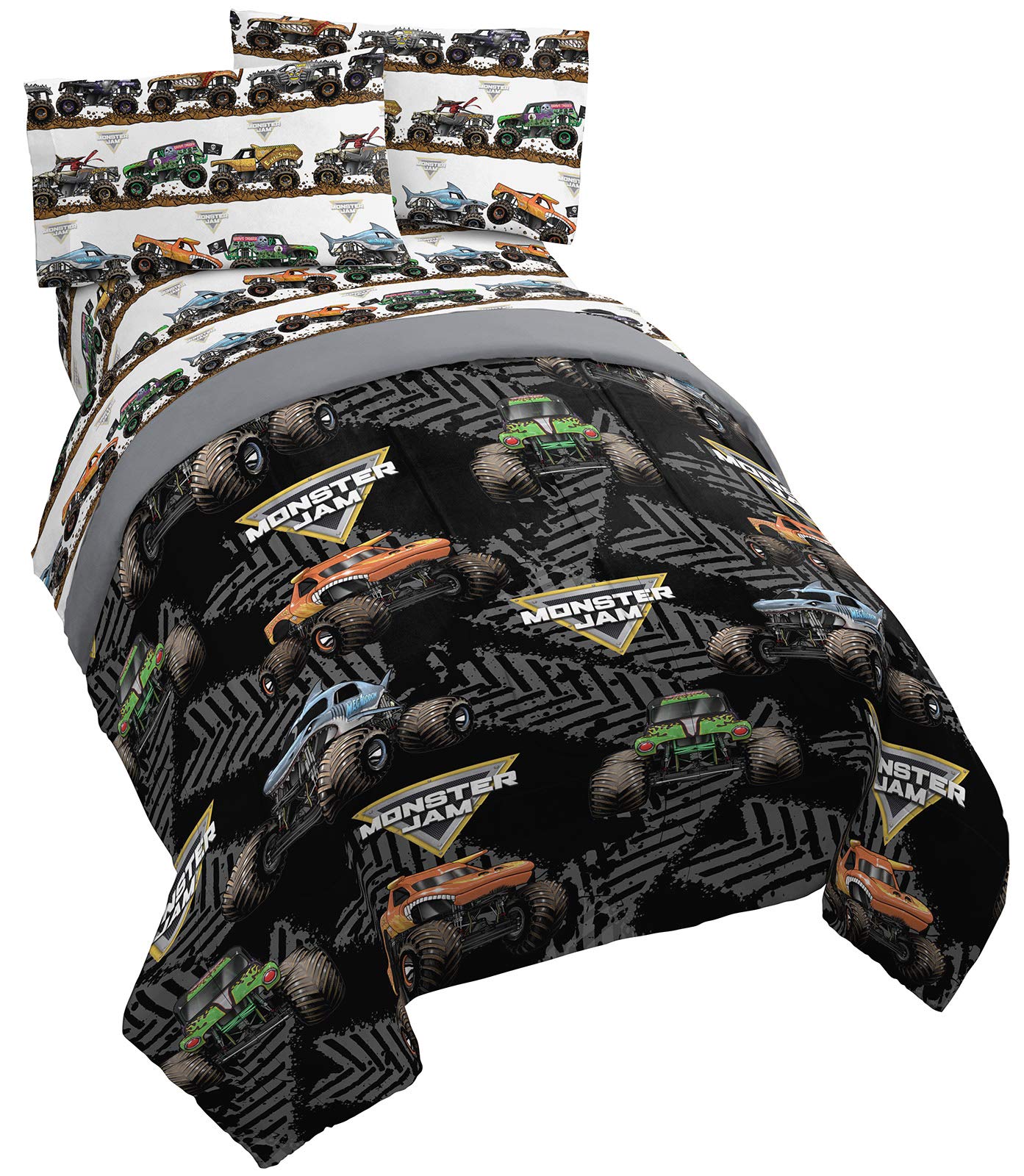 Jay Franco Monster Jam Tracks 4-Piece Twin Bedding Set - Official Grave Digger & Megalodon Comforter & Sheet Set - Ultra Soft Fade Resistant Microfiber - Perfect for Kids' Rooms & Monster Truck Themed Bedrooms