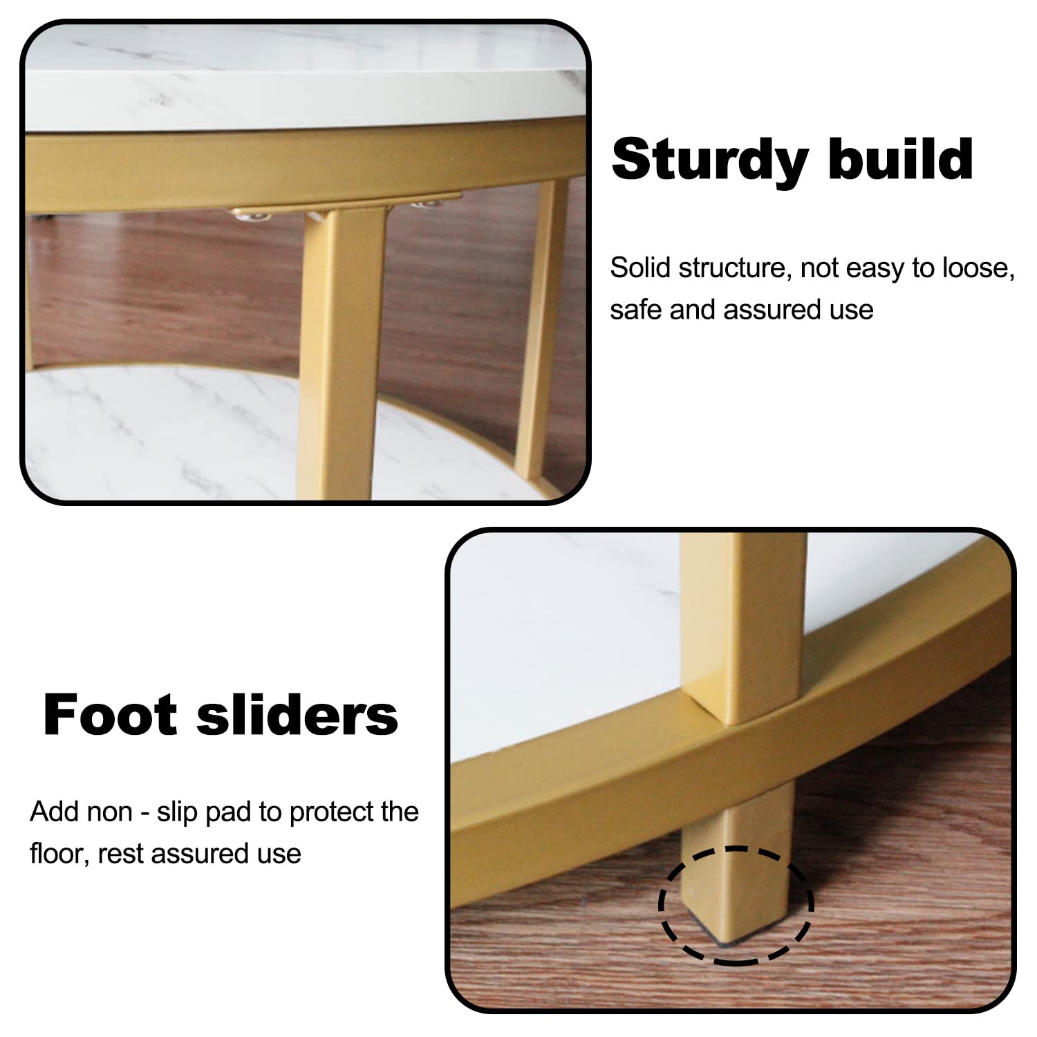 AT-VALY 31.5 Inch Round Coffee Table with Storage Shelf - Solid Wood Top & Sturdy Metal Frame - Modern Sofa Table for Living Room, Bedroom, Office (Gold) - Perfect for Small Spaces, Coffee Time & Home Decor
