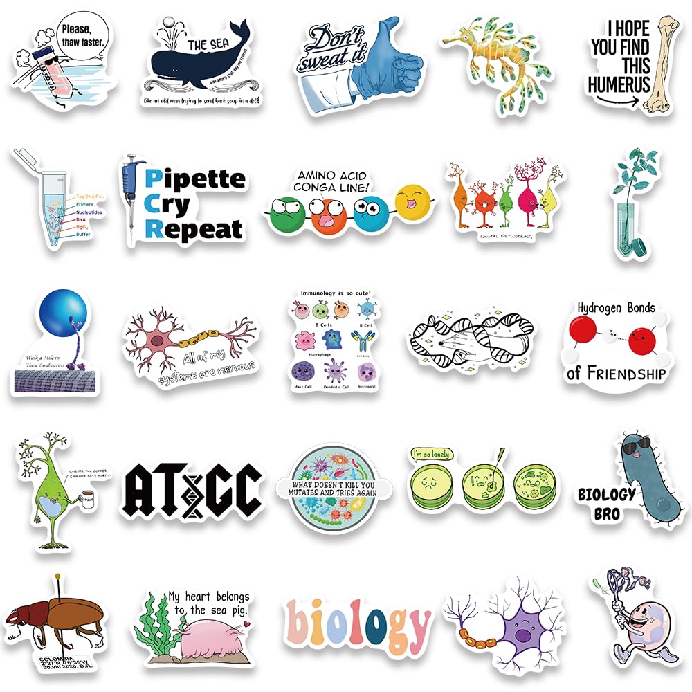 50Pcs Funny Biology Stickers for Adults & Kids - Waterproof Vinyl Science Stickers for Water Bottles, Laptops, Notebooks - Perfect for Teachers, Students, Classroom Decor & Science Enthusiasts - Great for School Projects, Lab Equipment & Science-Themed Gifts
