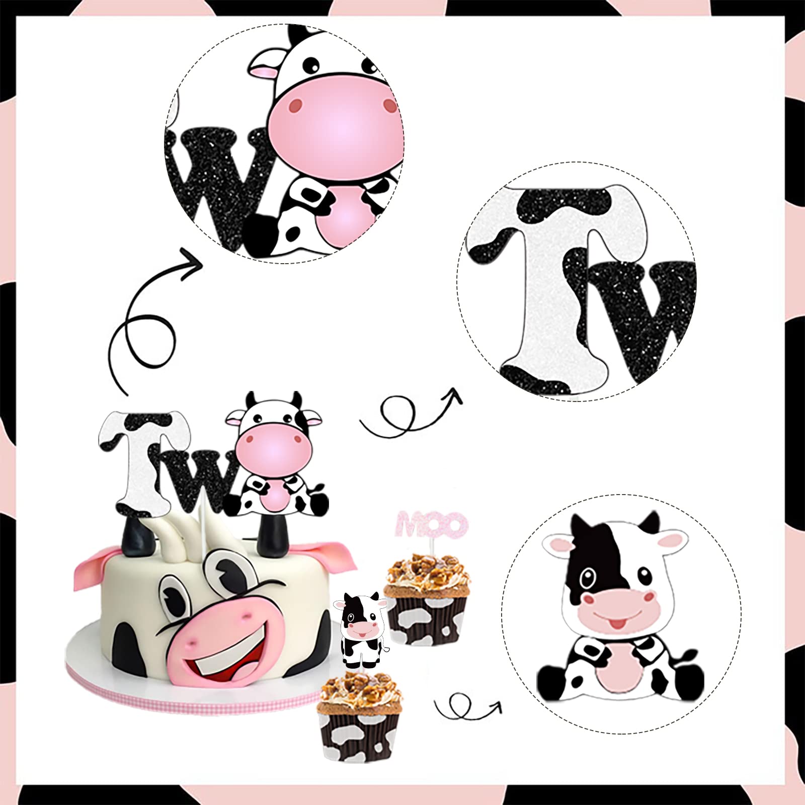 Cow Birthday Cake Topper Set - 2nd Birthday Party Decorations with 1 Cake Topper & 24 Cupcake Picks - Moo Moo Themed Party Supplies for Girls - Perfect for Farm Animal Birthday Parties, Baby Showers & Cow-Themed Celebrations