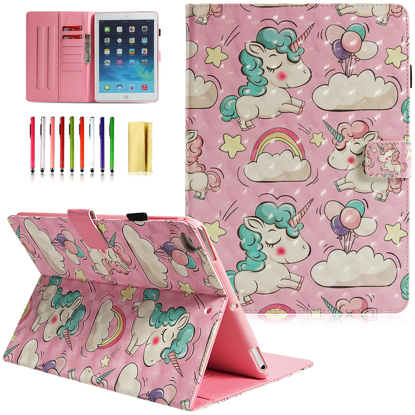 Premium PU Leather Smart Case for Apple iPad 9.7 (2017/2018) - iPad 6th/5th Gen & iPad Air 1/Air 2 with Pencil Holder | Auto Sleep/Wake | Folio Stand | Wallet Function | Pink Unicorn Design - Perfect for Work, School & Travel Protection