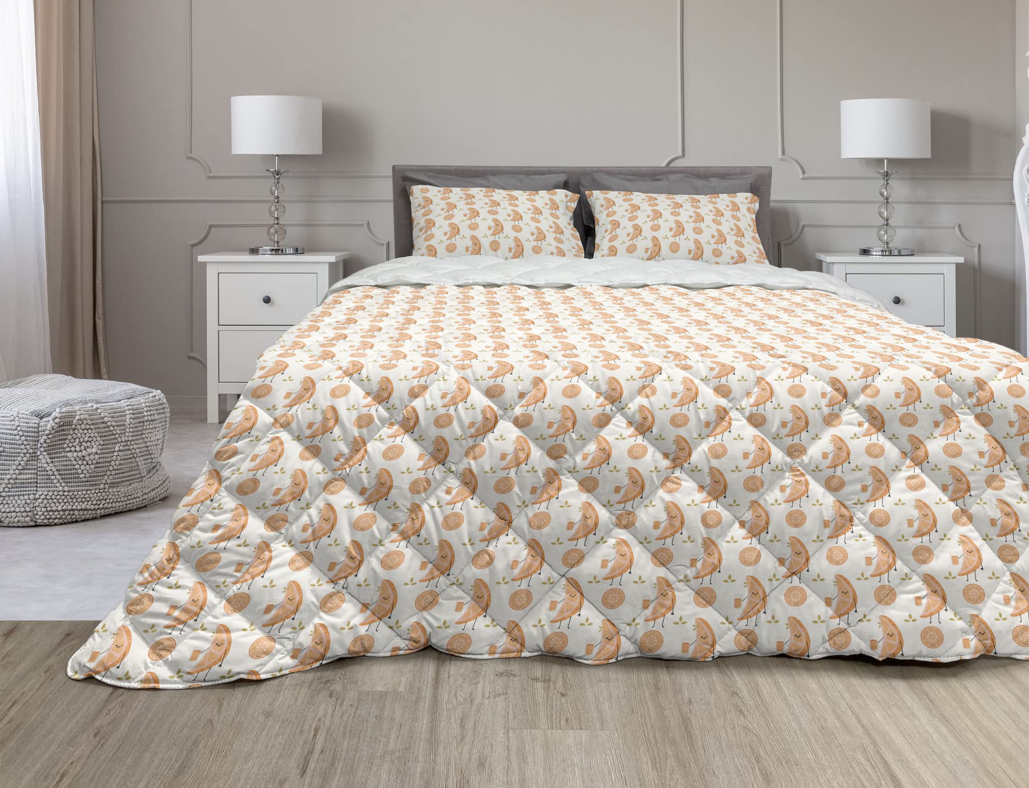 Ambesonne Funny Citrus Fruit Slice Comforter Set - Orange Cocktail Drinking Characters, Summer Microfiber Duvet Cover with Sham, Twin XL Size in Peach Apricot & White | Perfect for Beach Themed Bedrooms, Dorm Room Decor, and Summer Vacation Home Styling