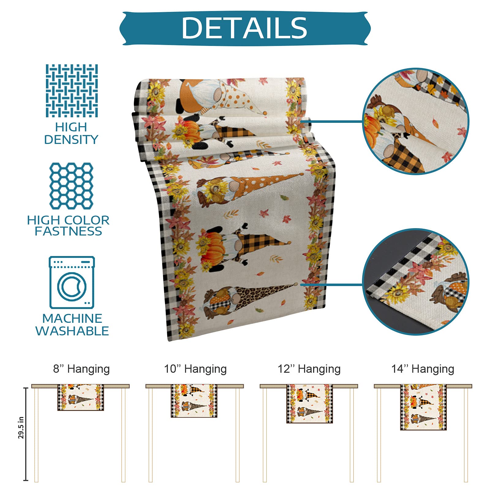 Farmhouse Cotton Linen Table Runner 18x72 Inches - Heat-Resistant Holiday Dining Table Decor for Thanksgiving, Christmas, Wedding & Party - Sunflower Pumpkin Gnome Design - Perfect for Dining Room, Buffet Table & Seasonal Home Decor