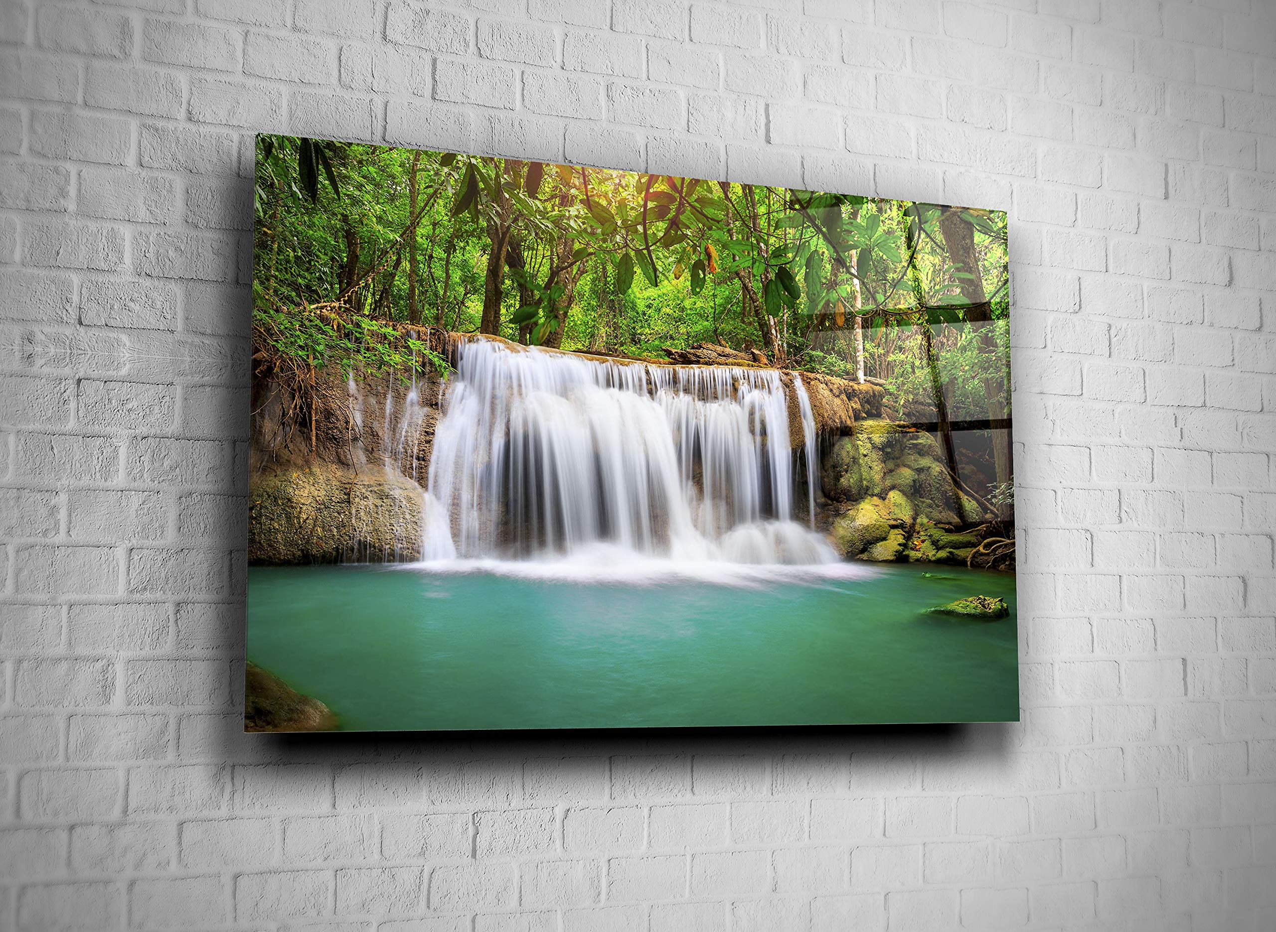Tropical Rainforest Waterfall Lake Nature Landscape Tempered Glass Canvas Wall Art - Modern Home Office & Hotel Decor - Perfect Gift for Nature Lovers (24x36) - Ideal for Living Room, Bedroom, or Workspace Décor
